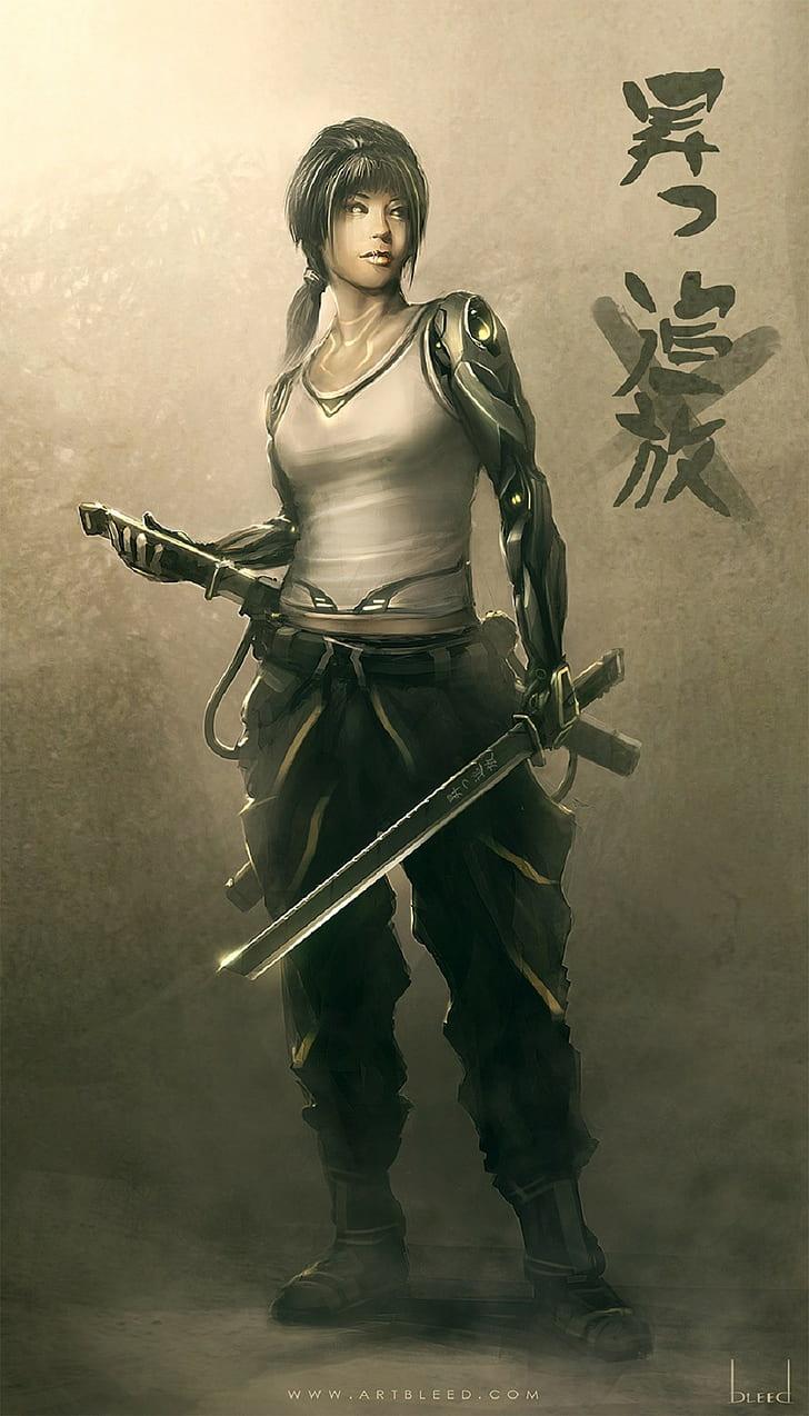 HD wallpaper: woman with swords illustration, bionics