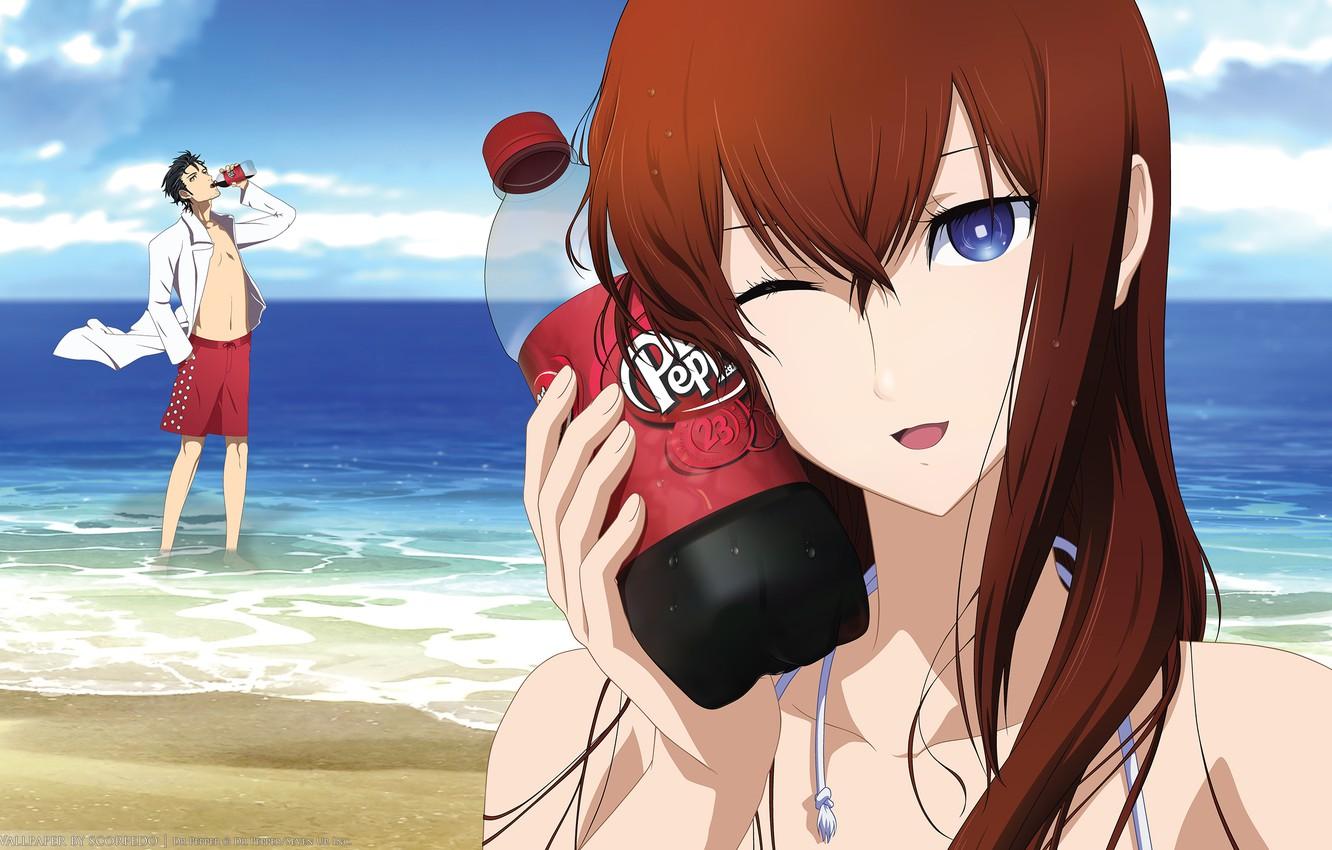 Wallpaper Sea, Beach, Girl, Look, Drink, Male, Makise Kurisu
