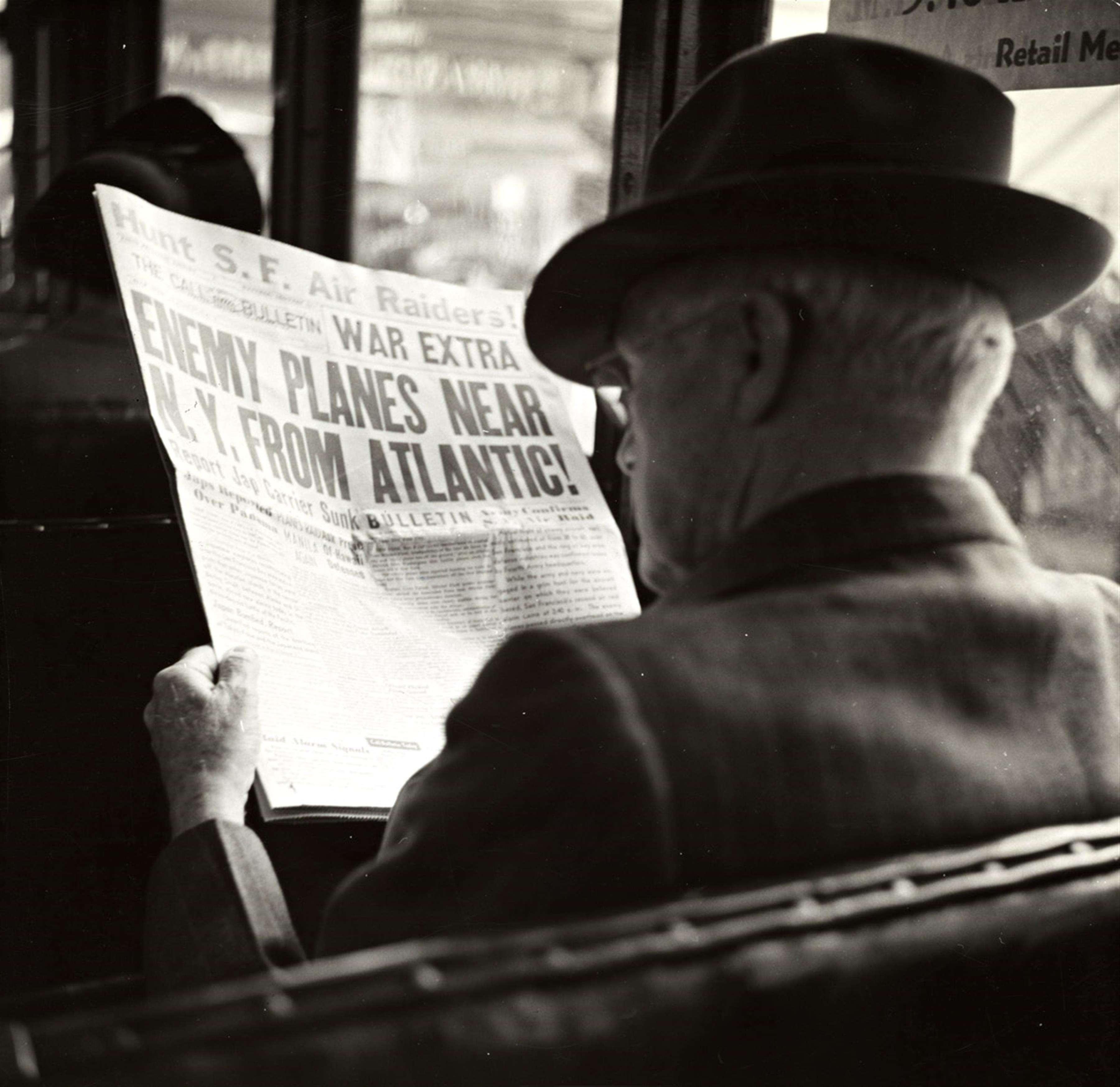1930s, bus, hat, history, man, newspaper, old photo, person