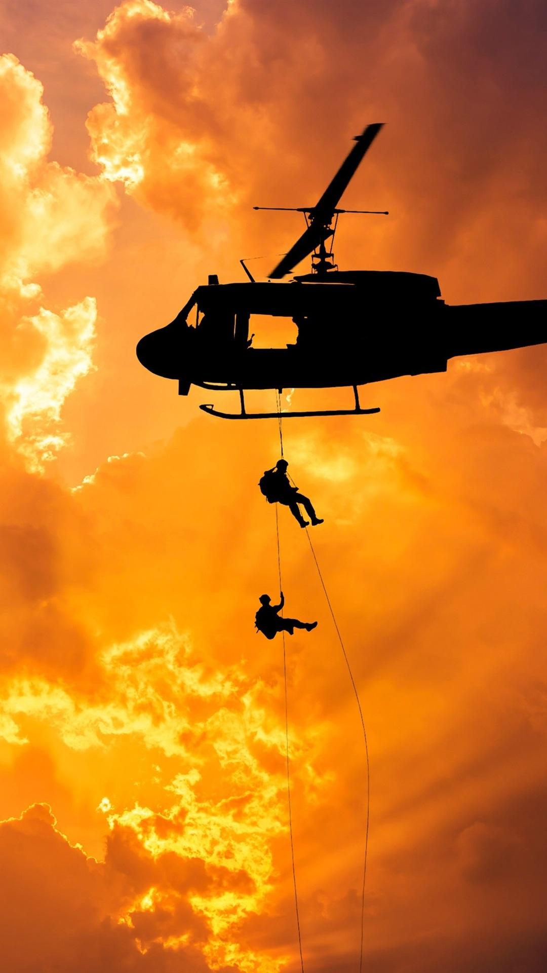 Wallpaper Helicopter flight, dawn, silhouette, soldiers