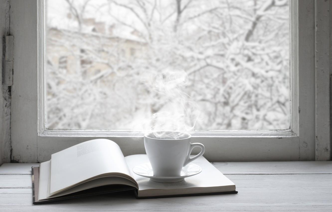 Wallpaper winter, snow, window, Cup, book, hot, winter, snow