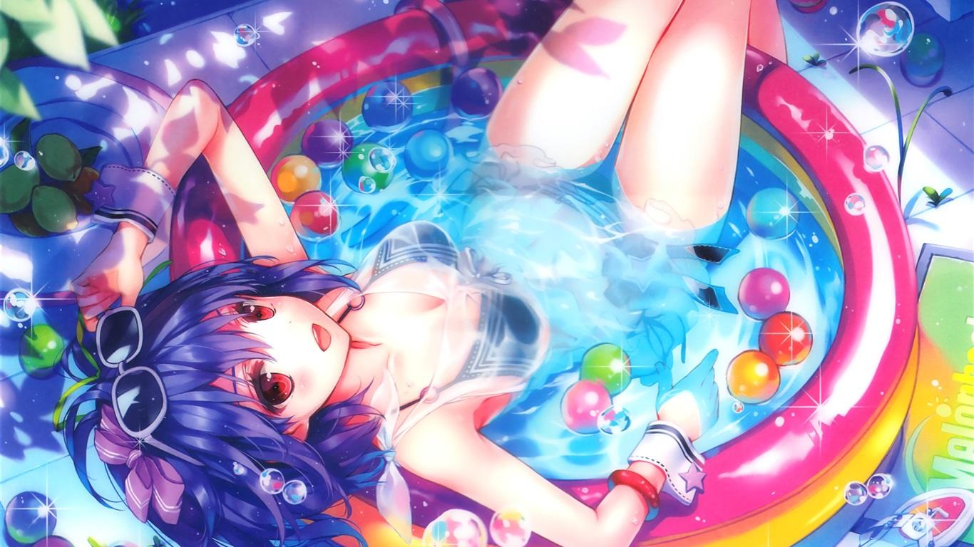 Wallpaper Happy anime girl, water, pool, bubbles, sunglasses