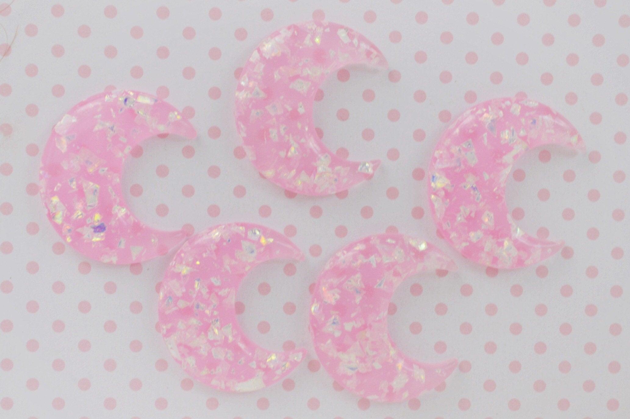 40mm Kawaii Pastel Pink Crescent Moon With Iridescent Glitter Yume Kawaii Flatback Resin Decoden Cabochon piece set