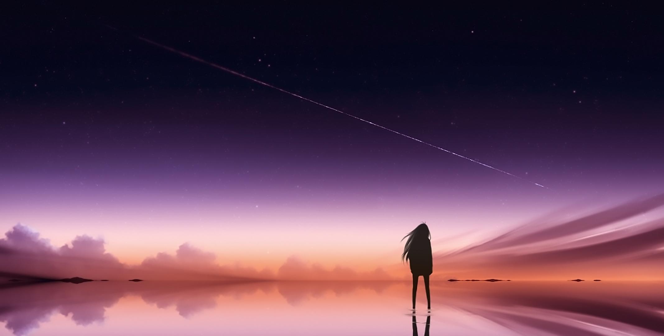 Anime Pink Sky Standing Alone, HD Anime, 4k Wallpaper