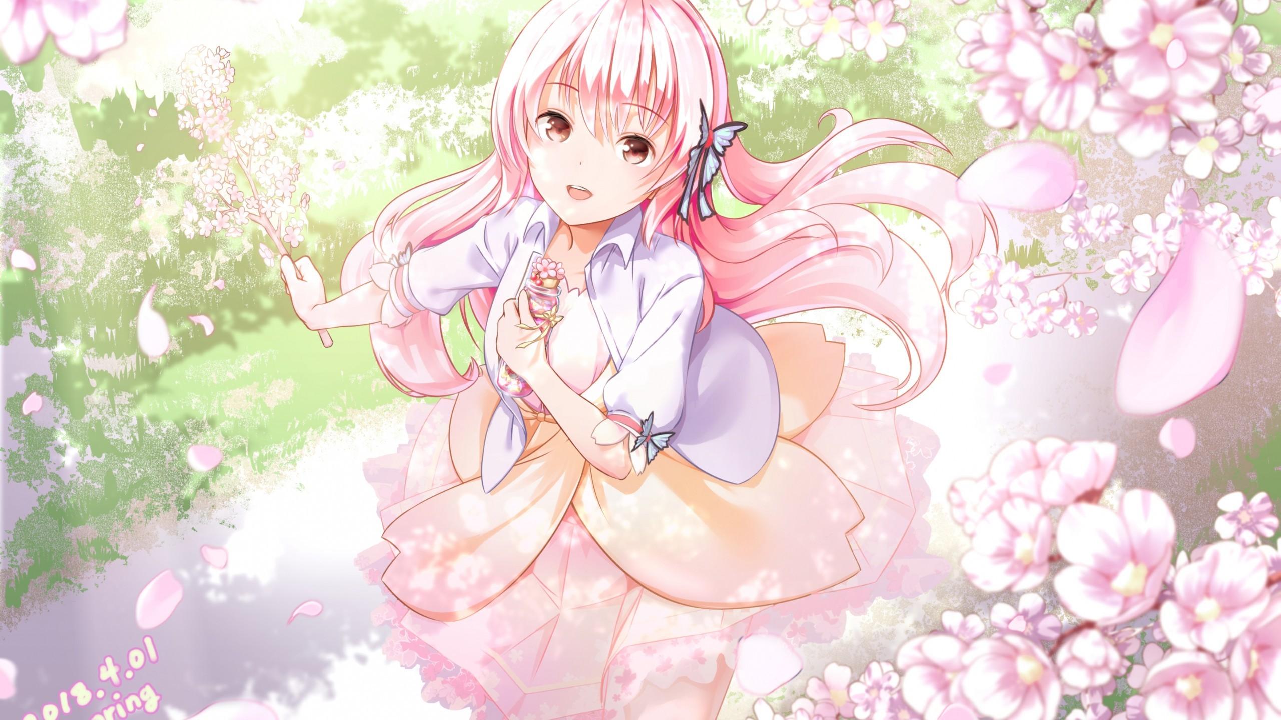 Download 2560x1440 Anime Girl, Sakura Blossom, Pink Hair