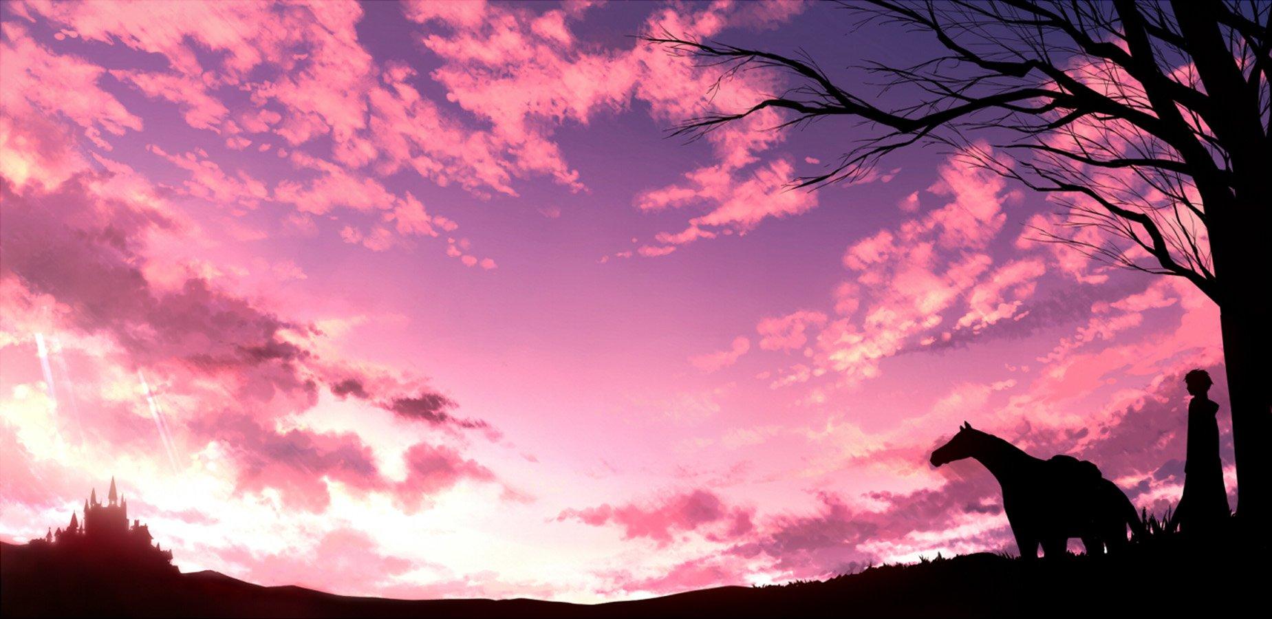 anime, Landscape, Sky, Horse, Tree, Guy, City, Cloud Wallpaper HD