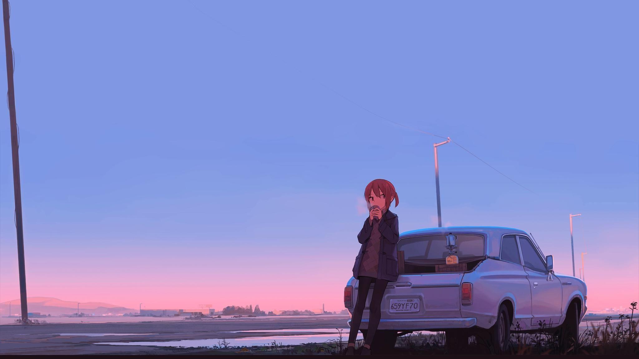 anime sunset and car