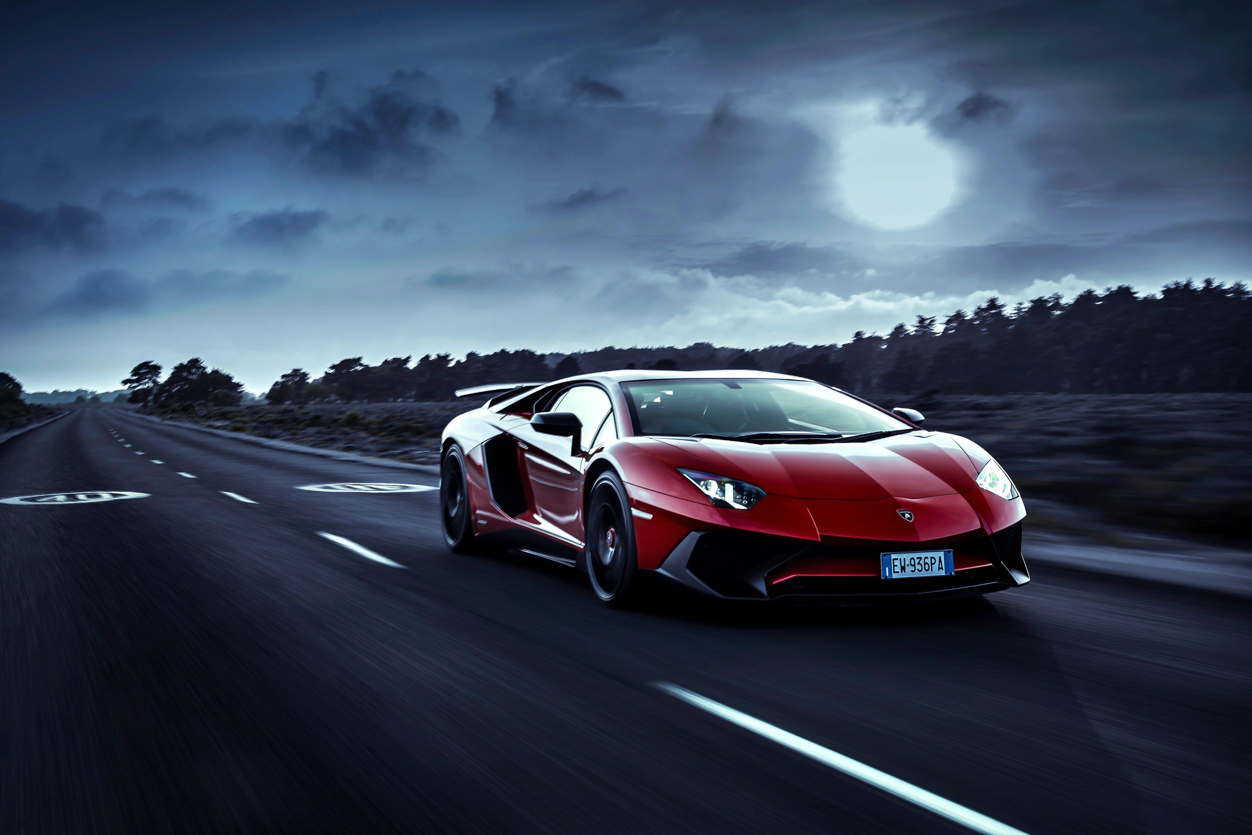 Red Lamborghini Aventador Moon Night, HD Cars, 4k Wallpaper