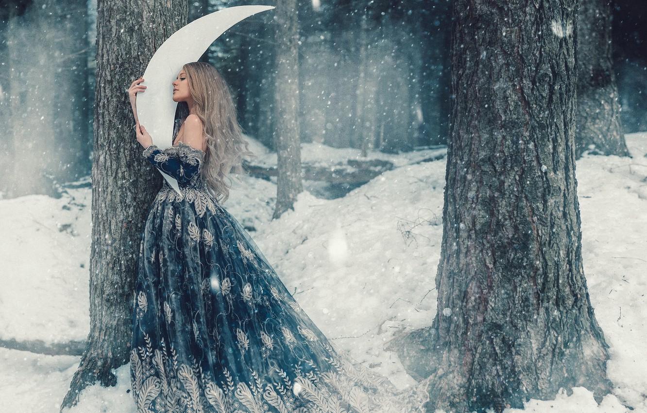 Wallpaper winter, forest, girl, snow, trees, hair, cute, a month, dress, fairy, snowfall, fabulously, Wallpaper from lolita777 image for desktop, section ситуации