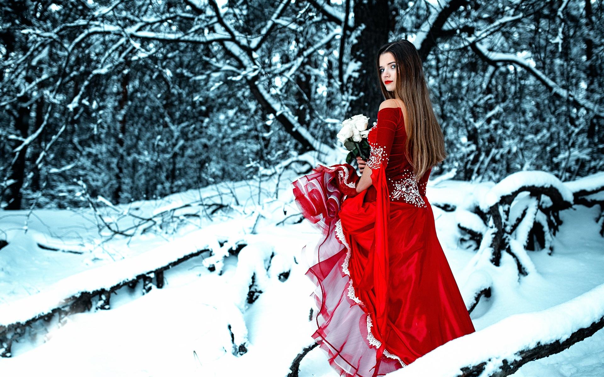 Wallpaper Red dress girl in winter, look back, rose, snow