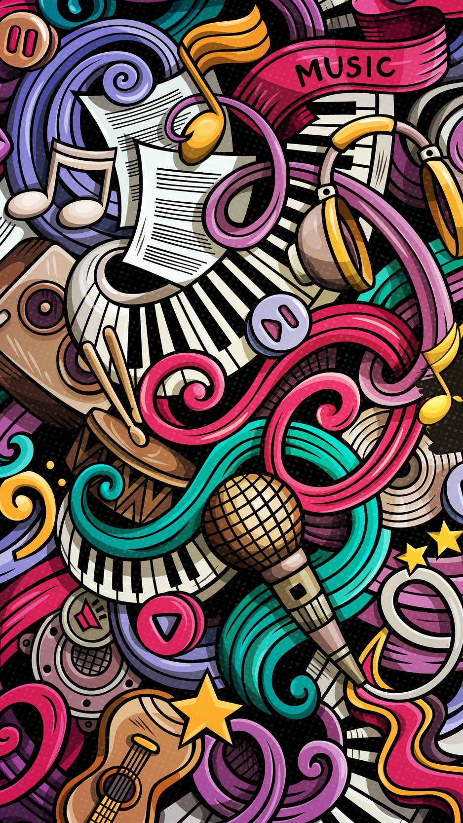 Download wallpaper 938x1668 music, doodles, colorful