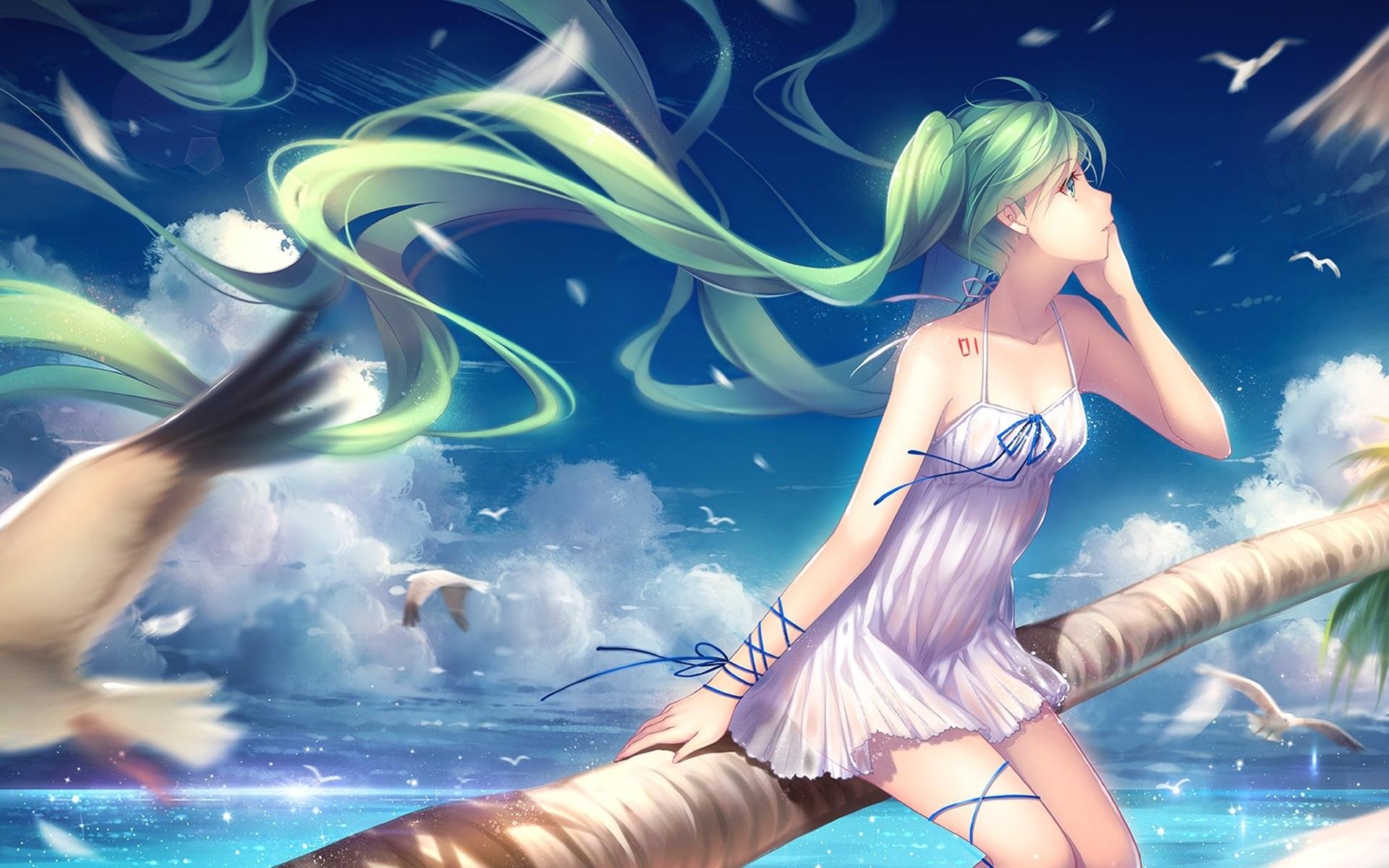 Wallpaper Hatsune Miku, green hair anime girl, seagulls, sea