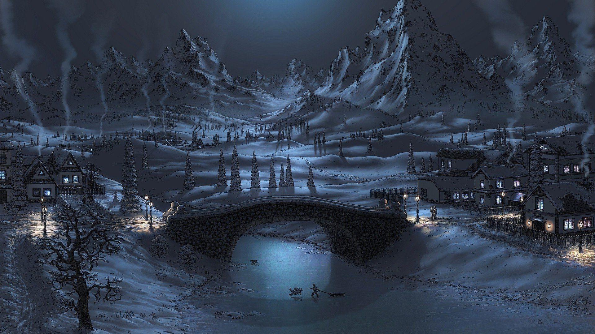 Winter is coming in the valley. Wallpaper background. Winter wallpaper, Good night wallpaper, Winter night