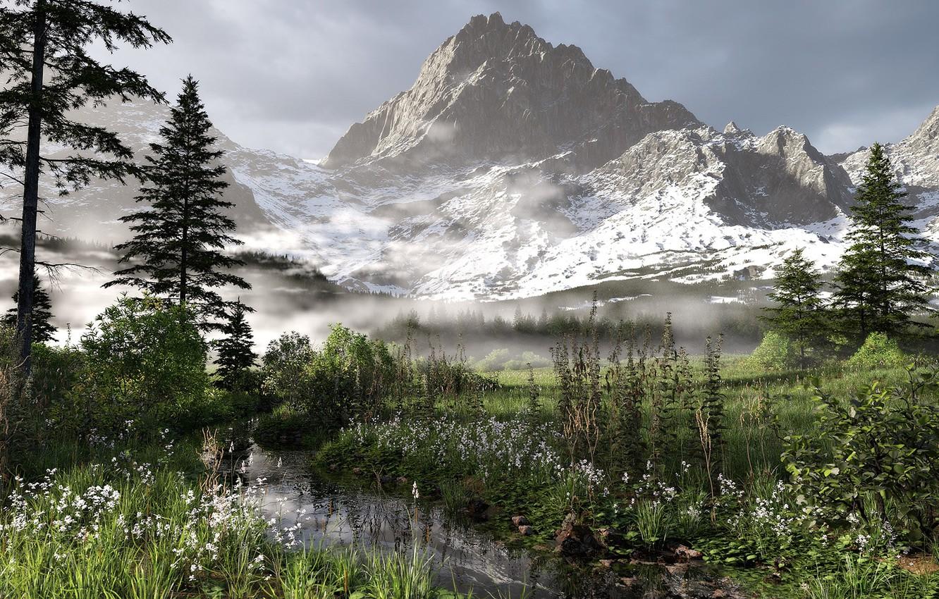 Wallpaper mountains, stream, vegetation, valley, Alpine