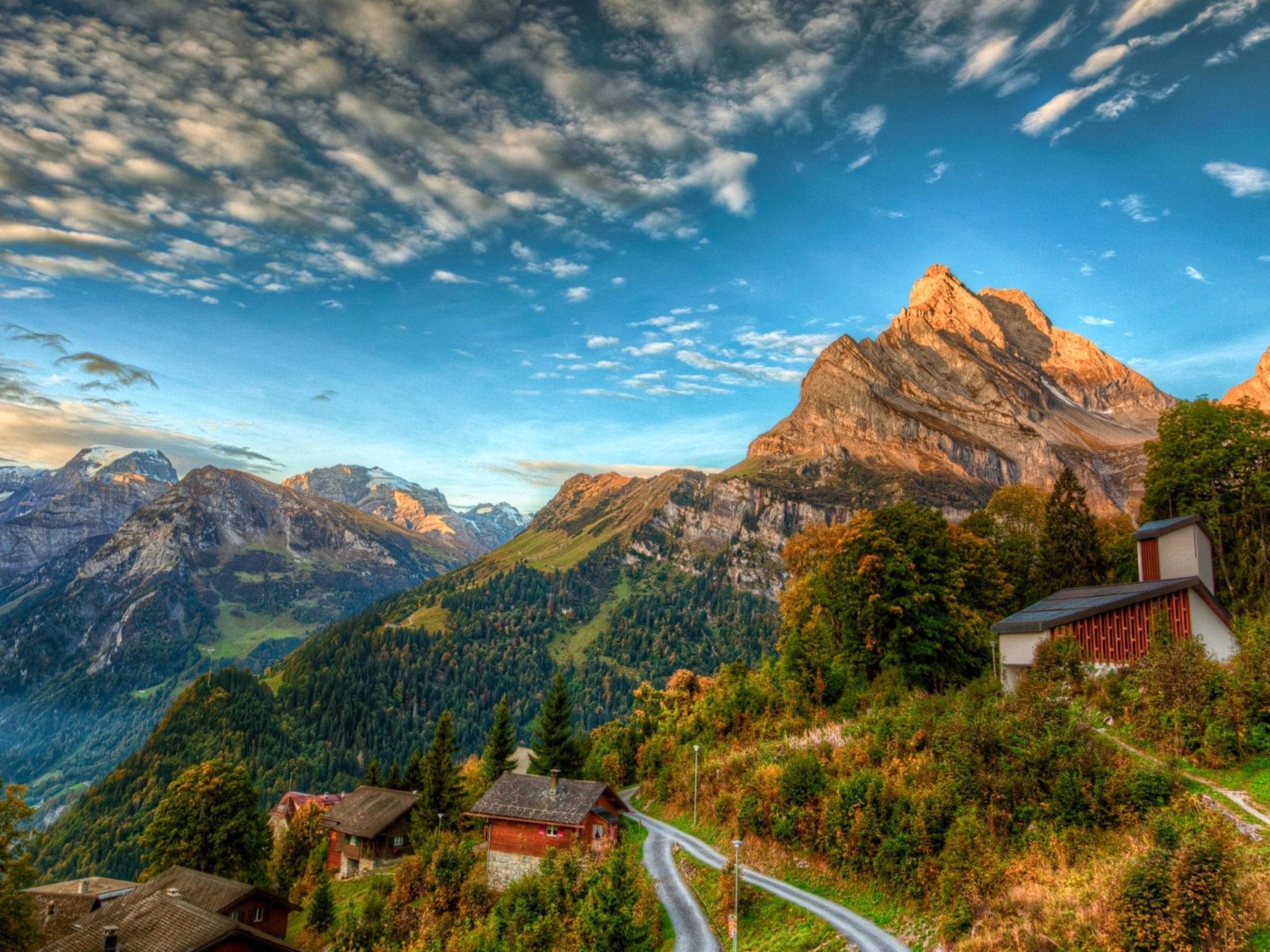 Swiss Alps Houses In The Swiss Alpine Summer Landscape HD