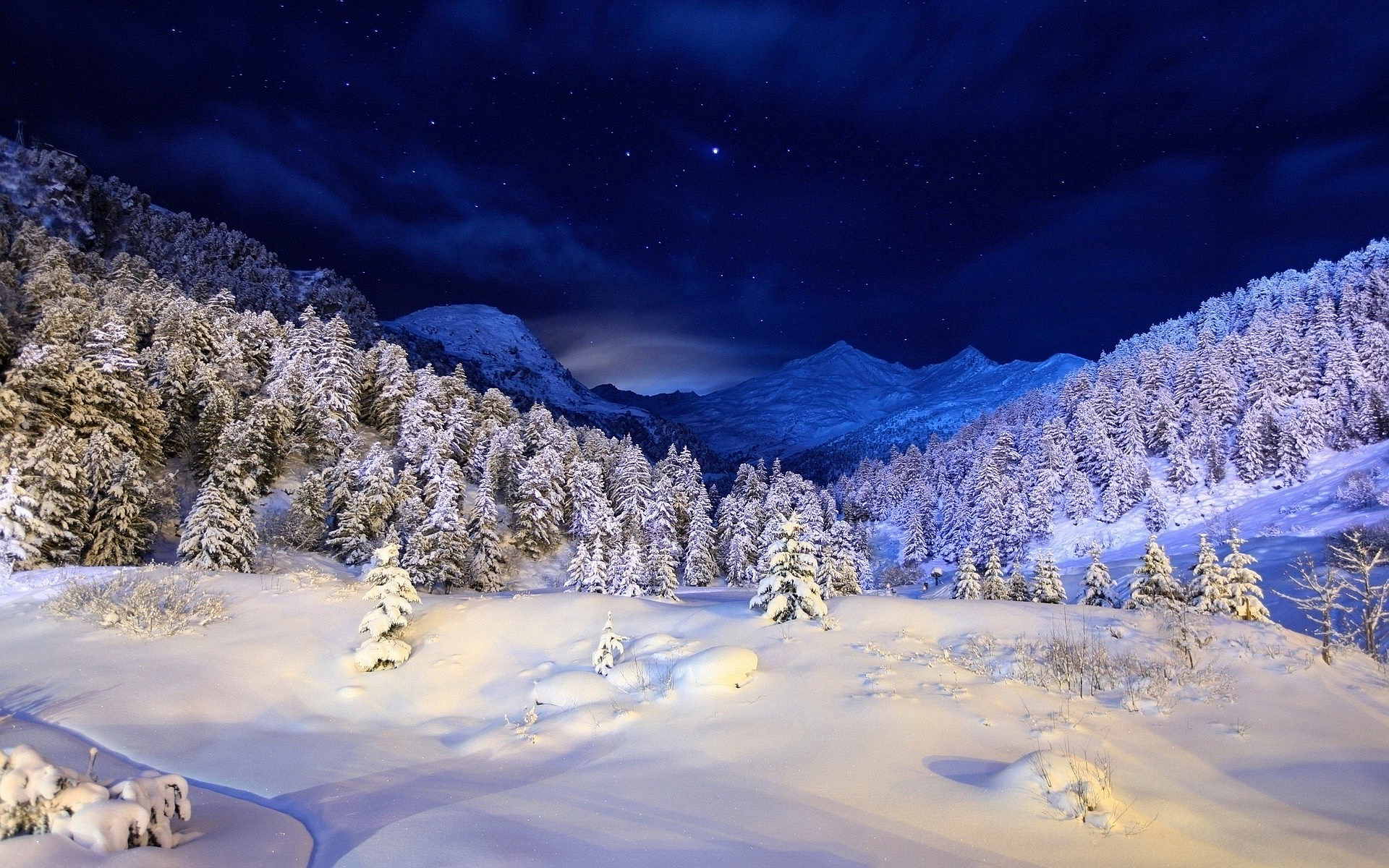 Night Winter Mountain Scenes Wallpaper Snow Night