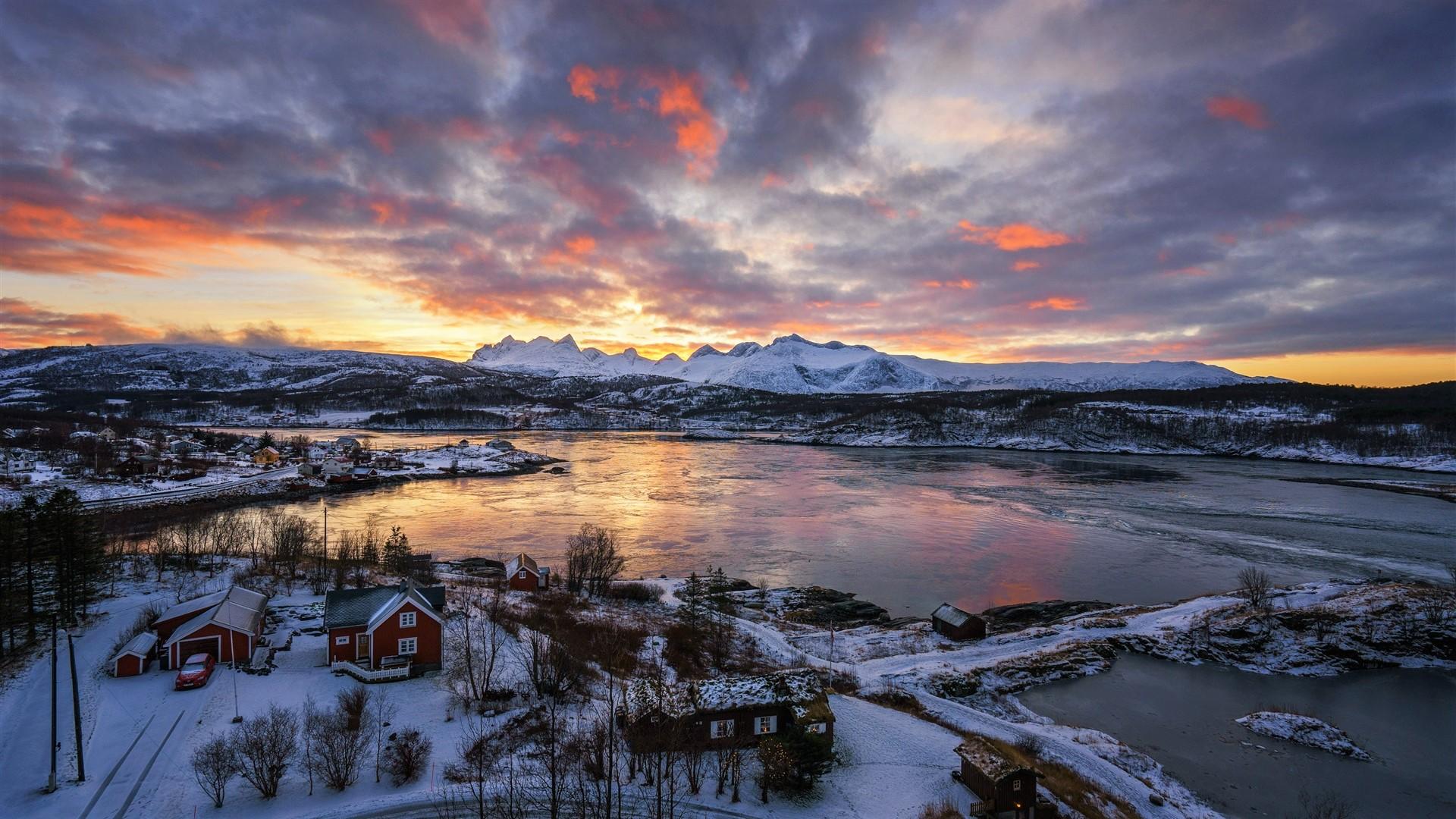 Winter Sunset in Norwegian Village HD Wallpaper. Background