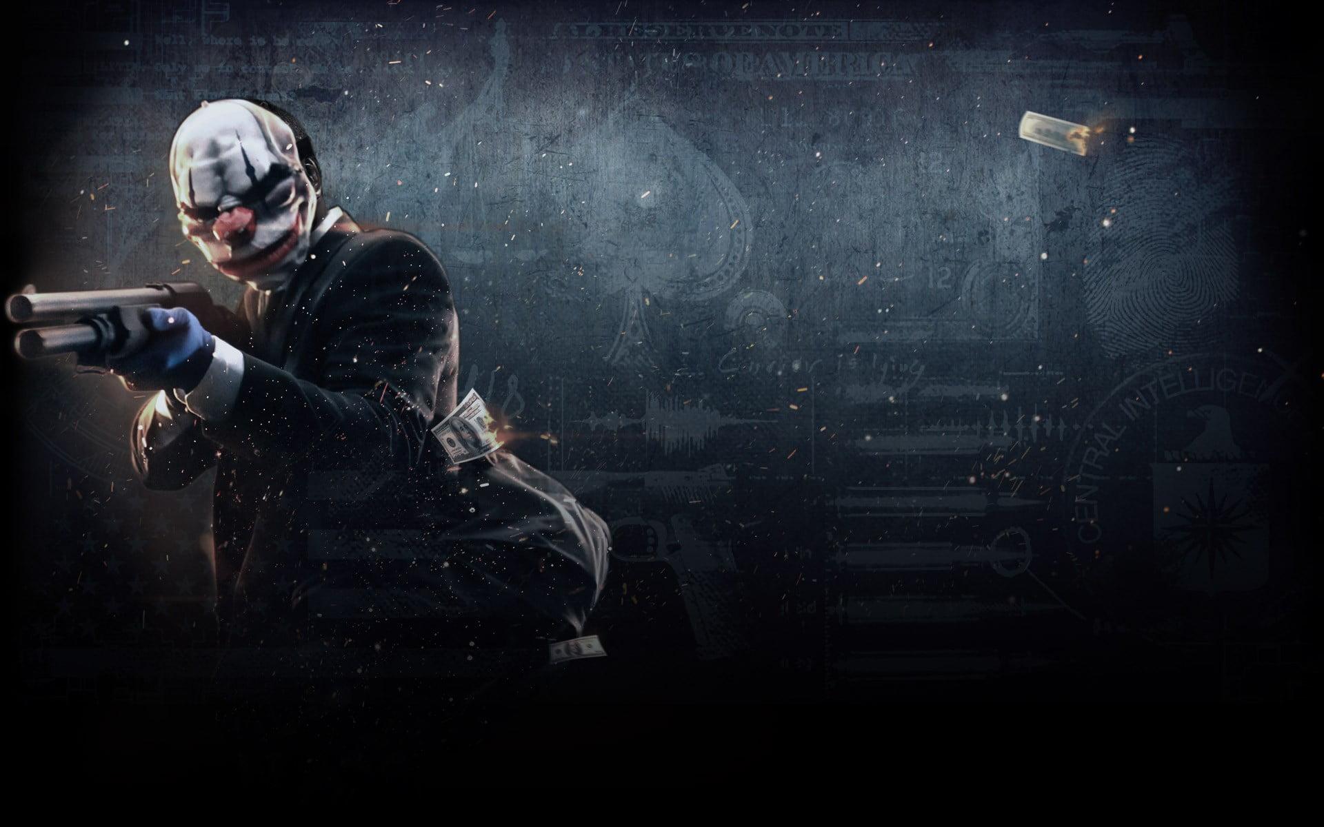 Clown holding shotgun wallpaper, Payday 2, mask, video games