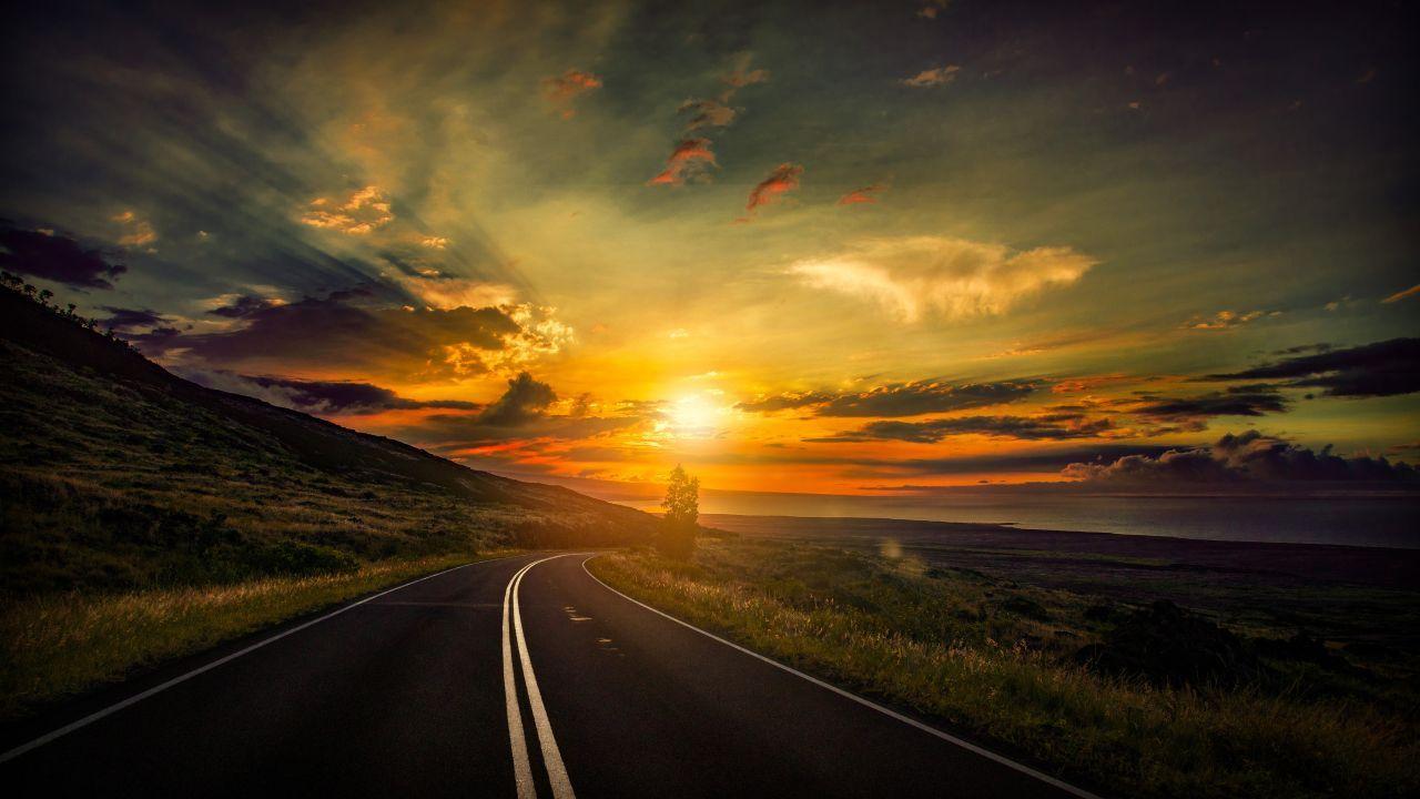road, 5k, 4k wallpaper, 8k, clouds, sunset (horizontal). Sunset