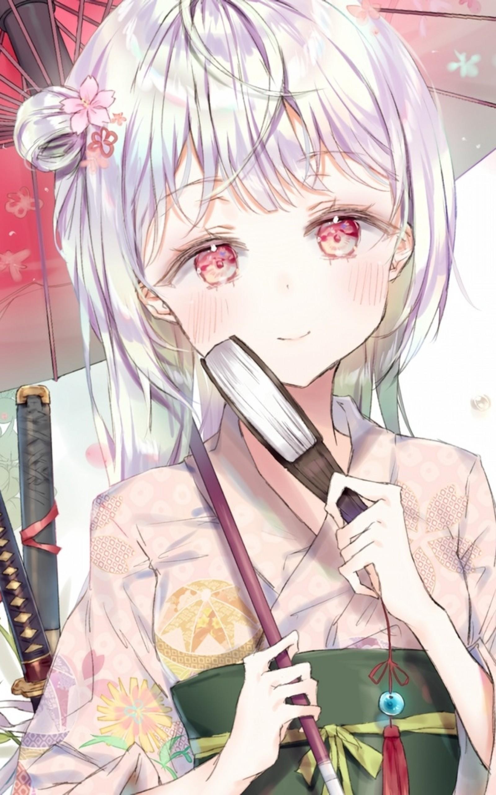 Download 1600x2560 Anime Girl, Kimono, White Hair, Umbrella