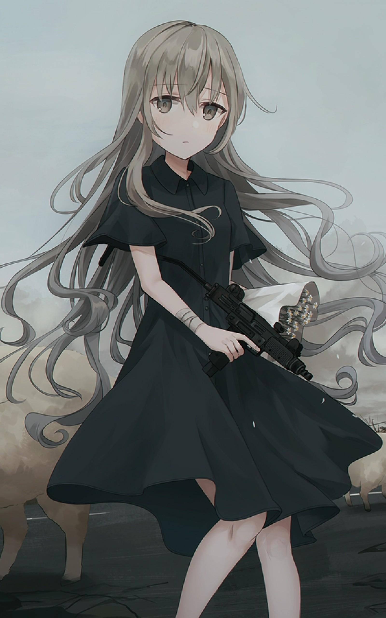 Download 1600x2560 Anime Girl, Sheep, Black Dress, Clouds