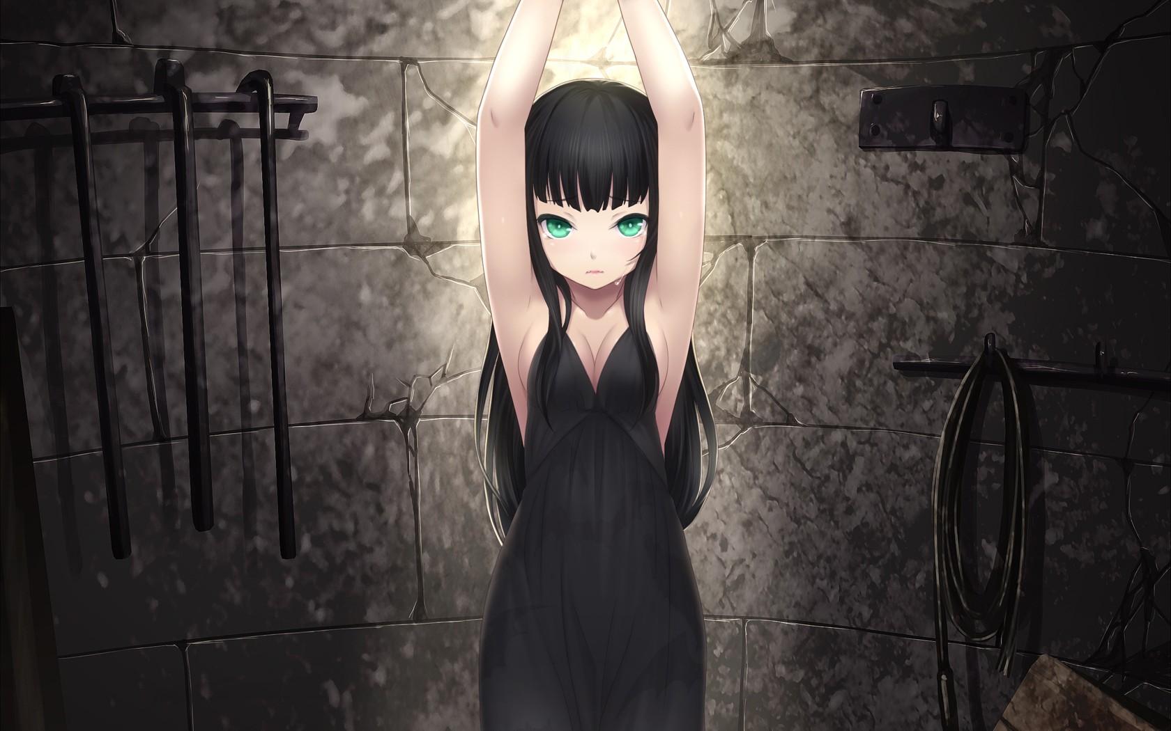 dress, cleavage, tears, long hair, whip, green eyes, crying, anime