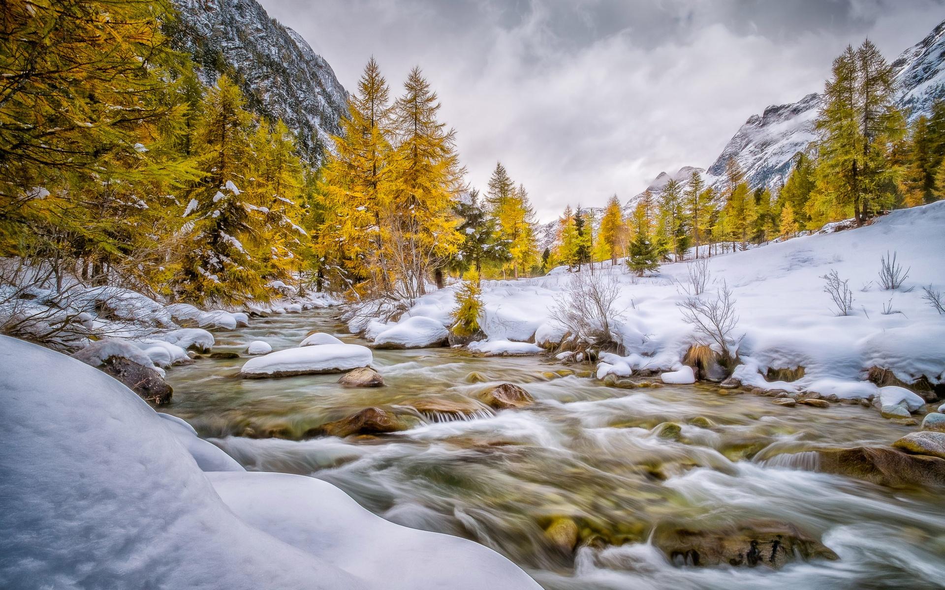 Download wallpaper winter, mountain river, snow, yellow