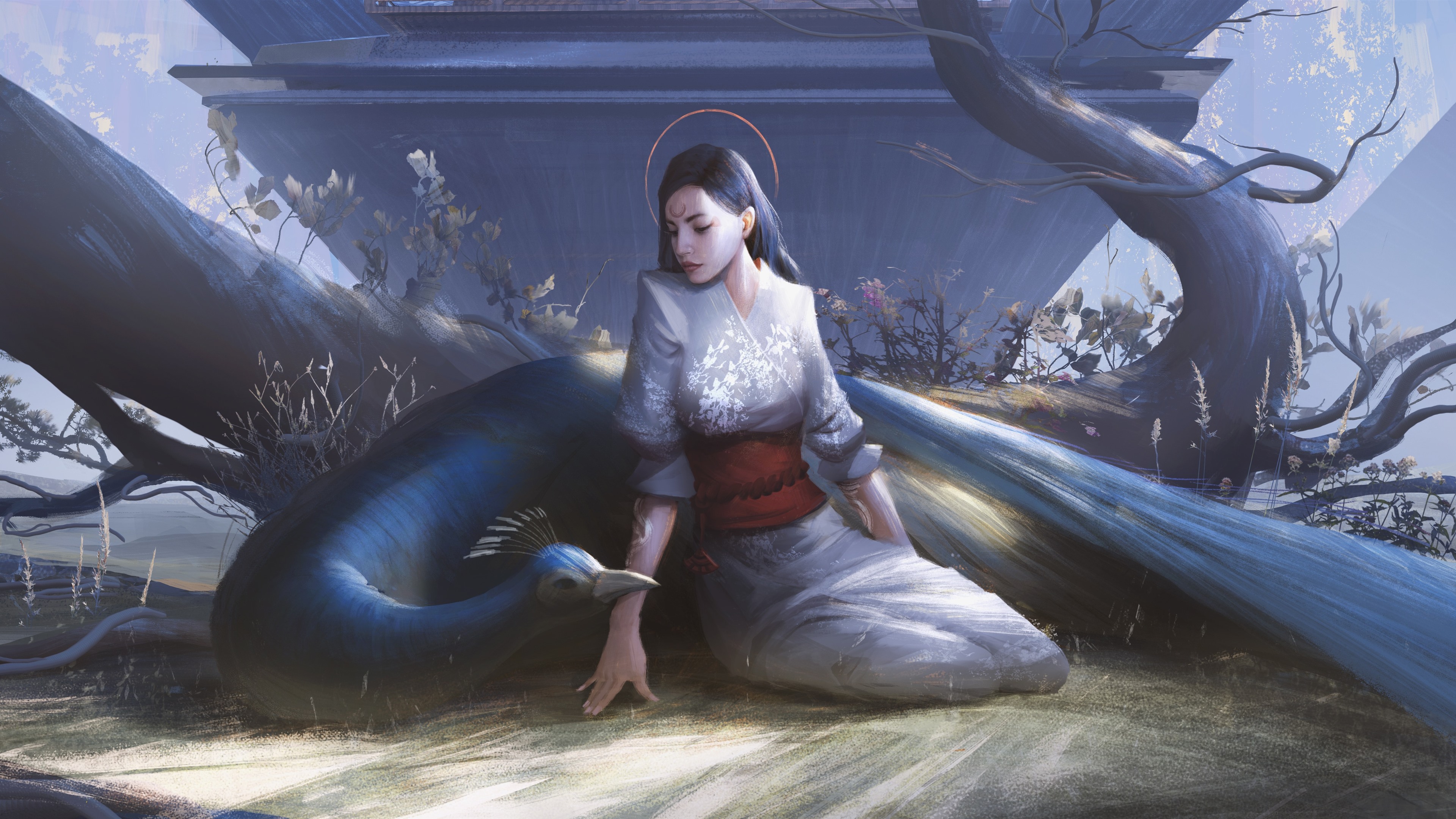 Wallpaper Fantasy girl, peacock, kimono, art picture