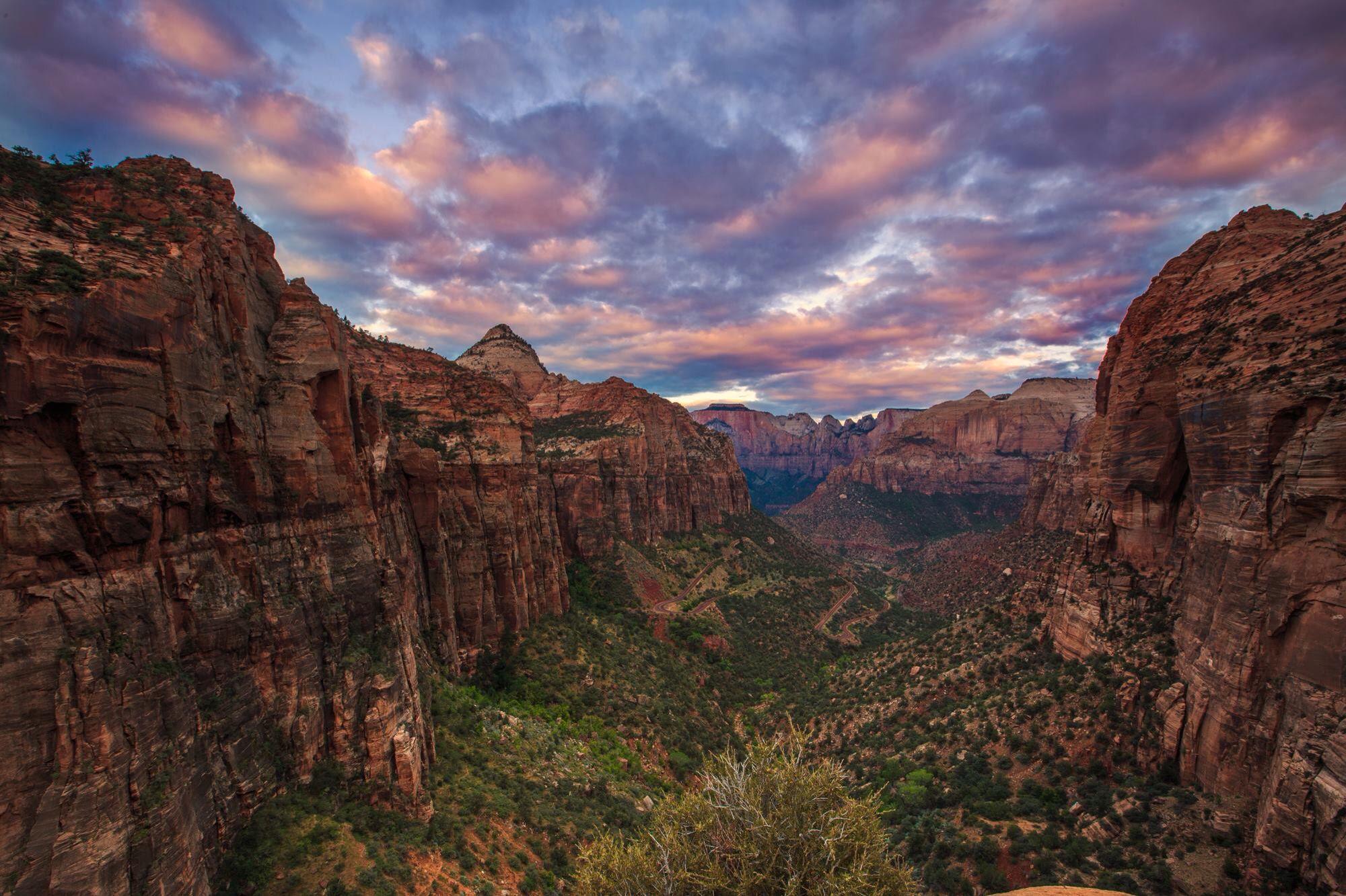 Sunrise over Zion National Park, at the end of the Canyon