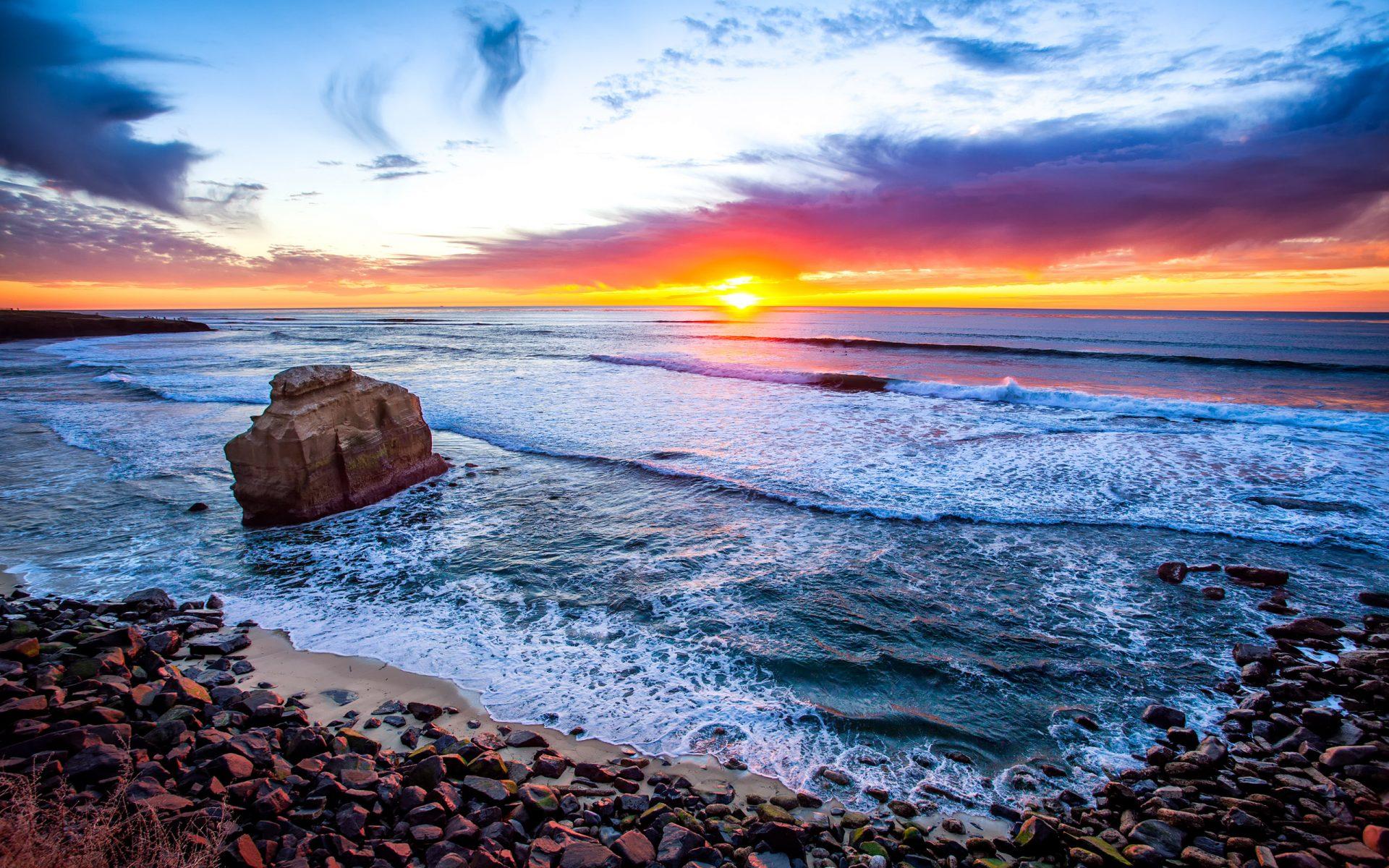 Sunset San Diego Orange Sky Ocean Sea Waves Desktop HD