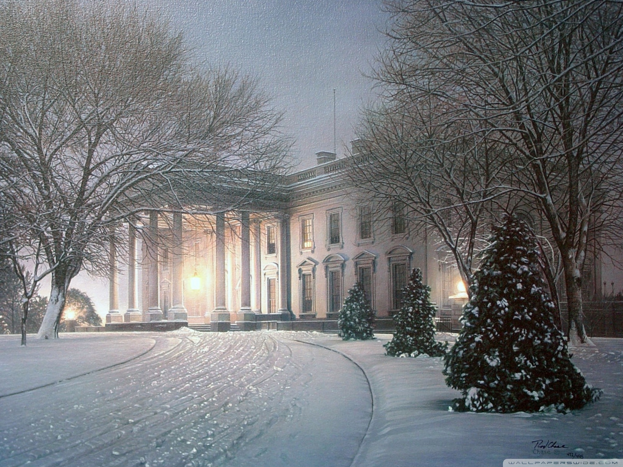 White House Winter Painting Ultra HD Desktop Background