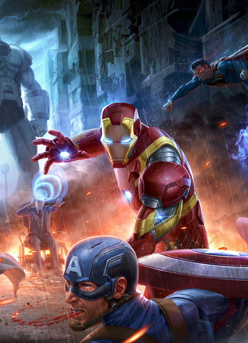 Download 840x1160 wallpaper superheroes fight, marvel