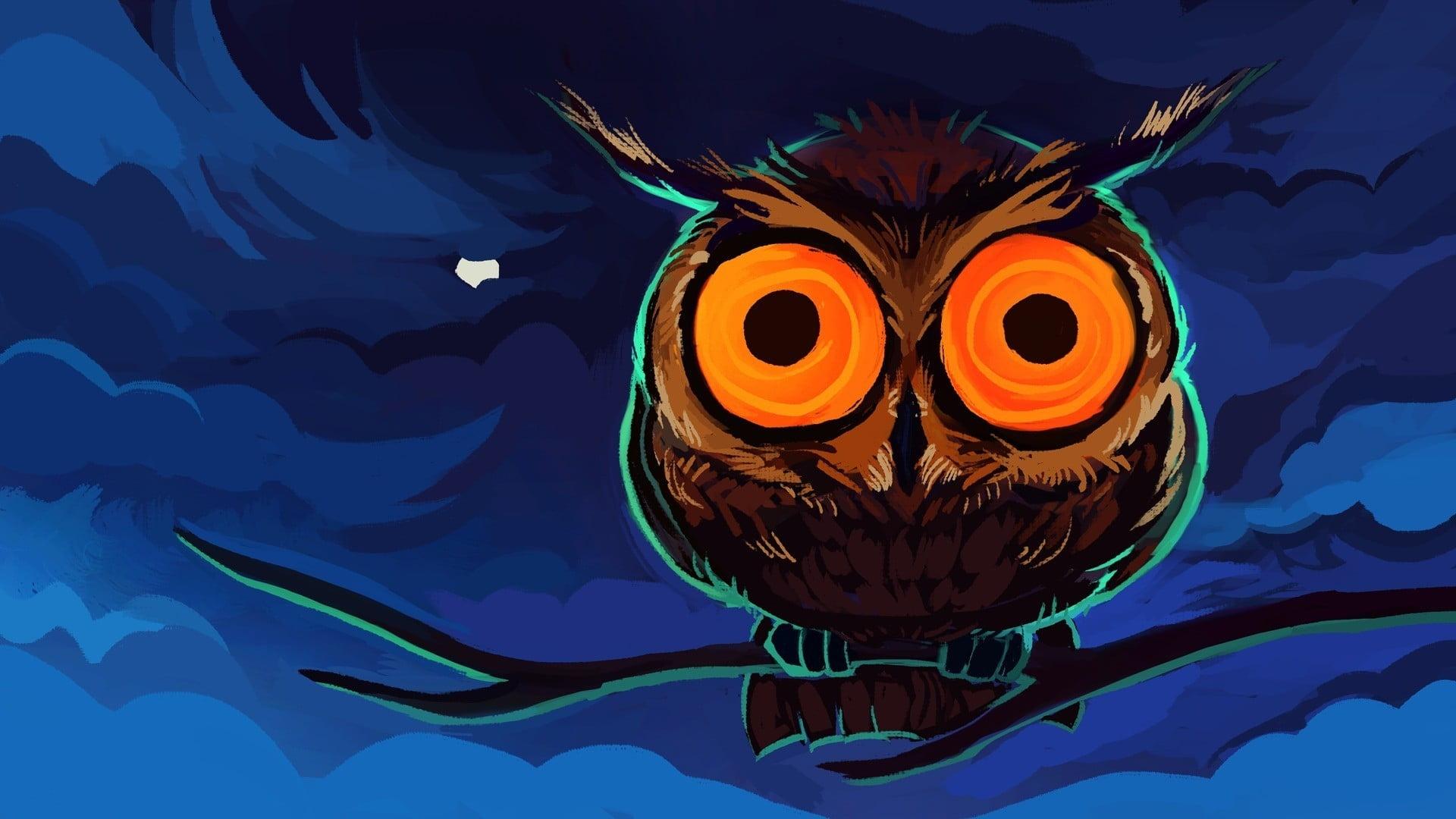 Brown owl on branch at night illustration HD wallpaper