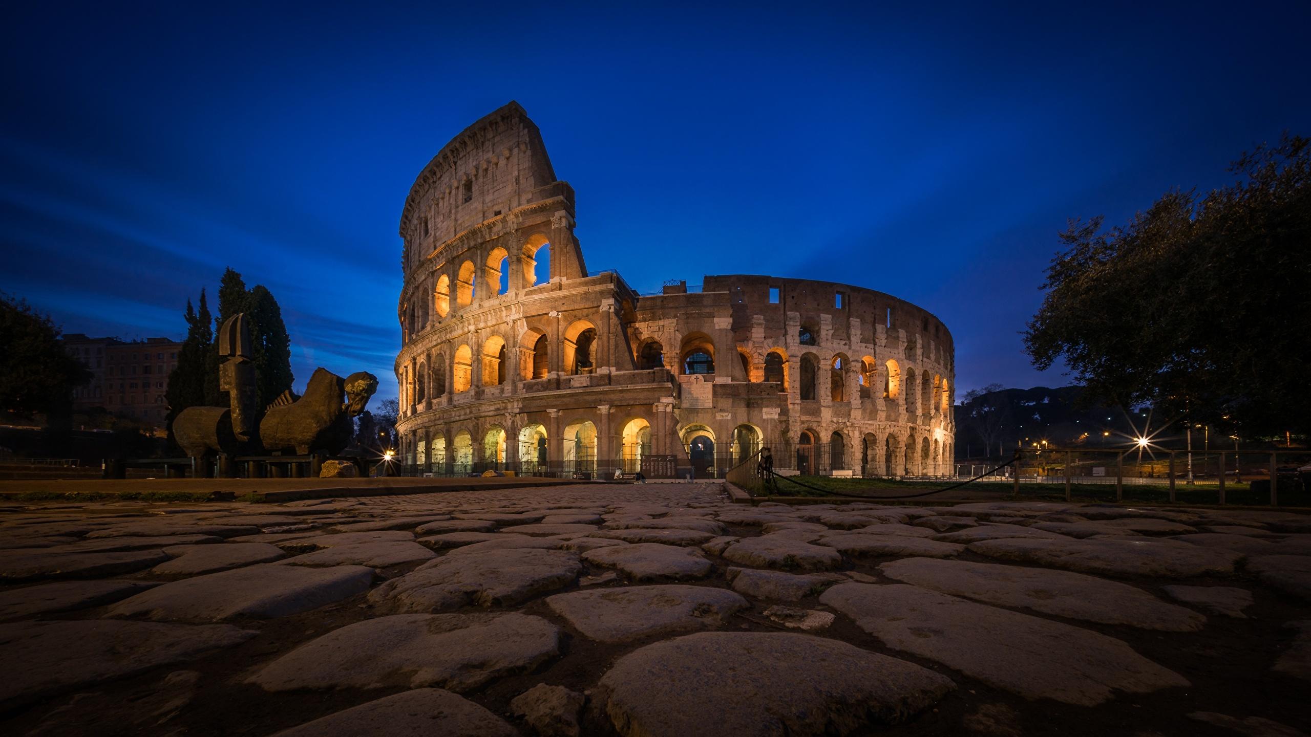 image Rome Colosseum Italy Night Stones Pavement Cities