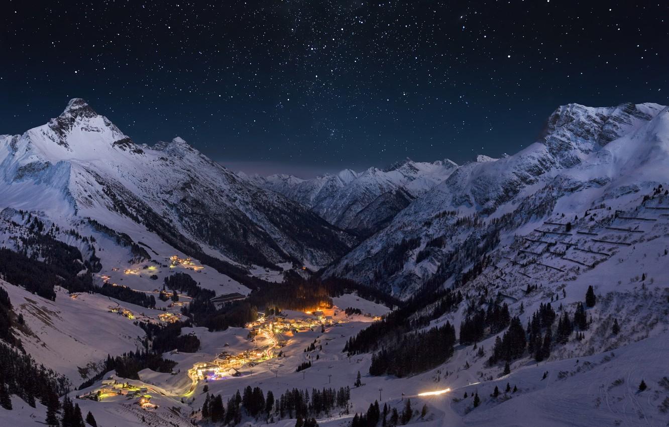 Wallpaper winter, the sky, stars, light, snow, mountains, night, town image for desktop, section пейзажи