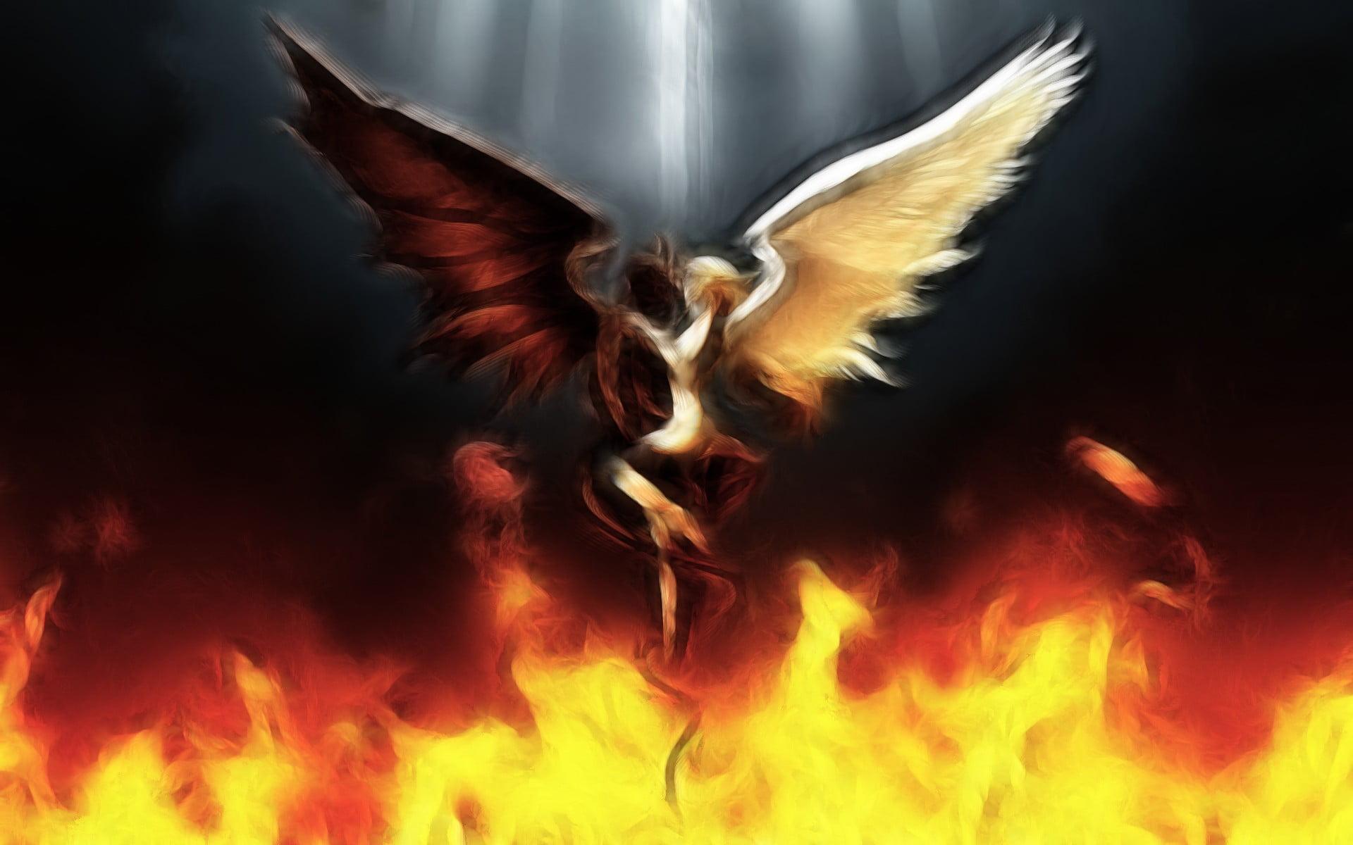 Painting of angel devil over fire, angel, artwork, fantasy