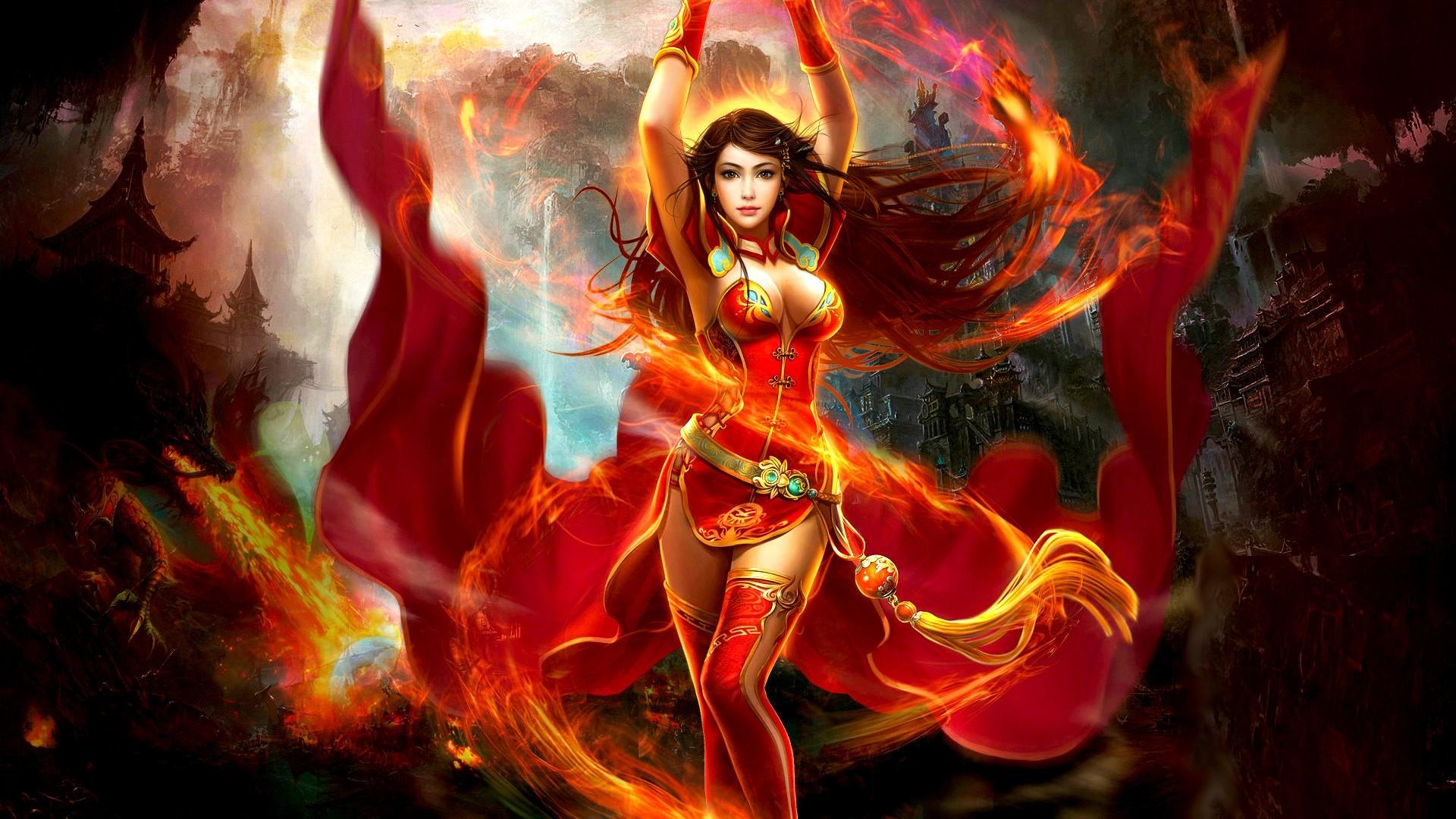 Fire Angel Fantasy Girl In Amazing Red Dress, Wallpaper13.com