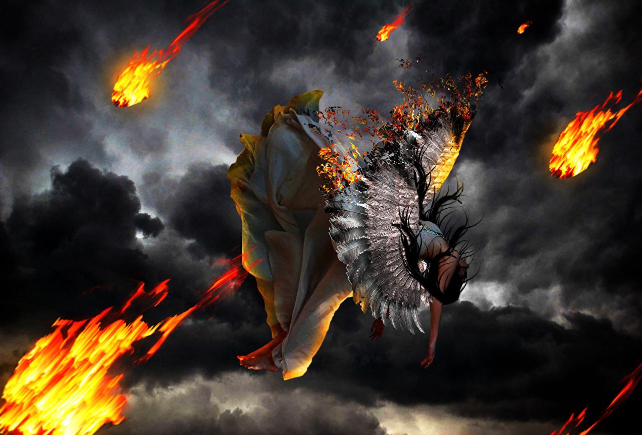 Wallpaper fall down Wings Girls Fantasy Fire angel