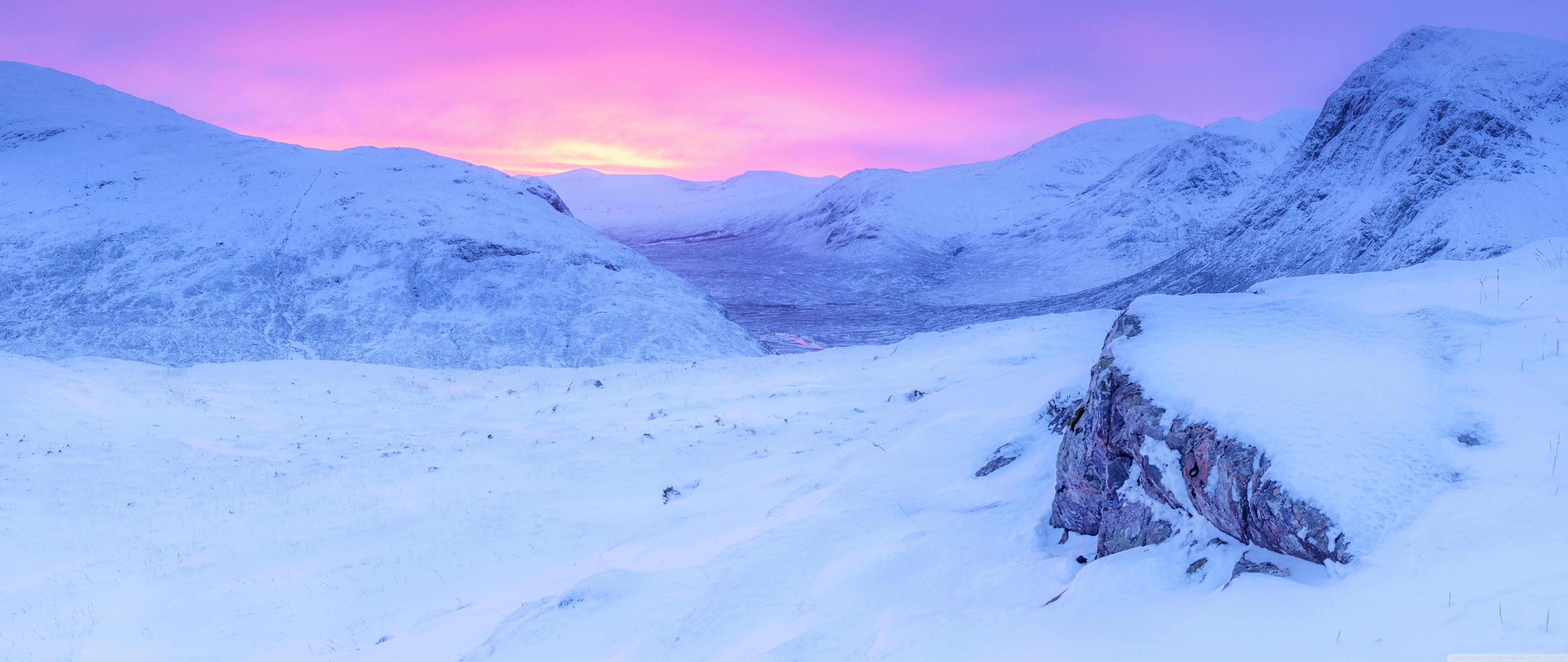 Pink Sunrise, Snowy Mountains, Winter Ultra HD Desktop