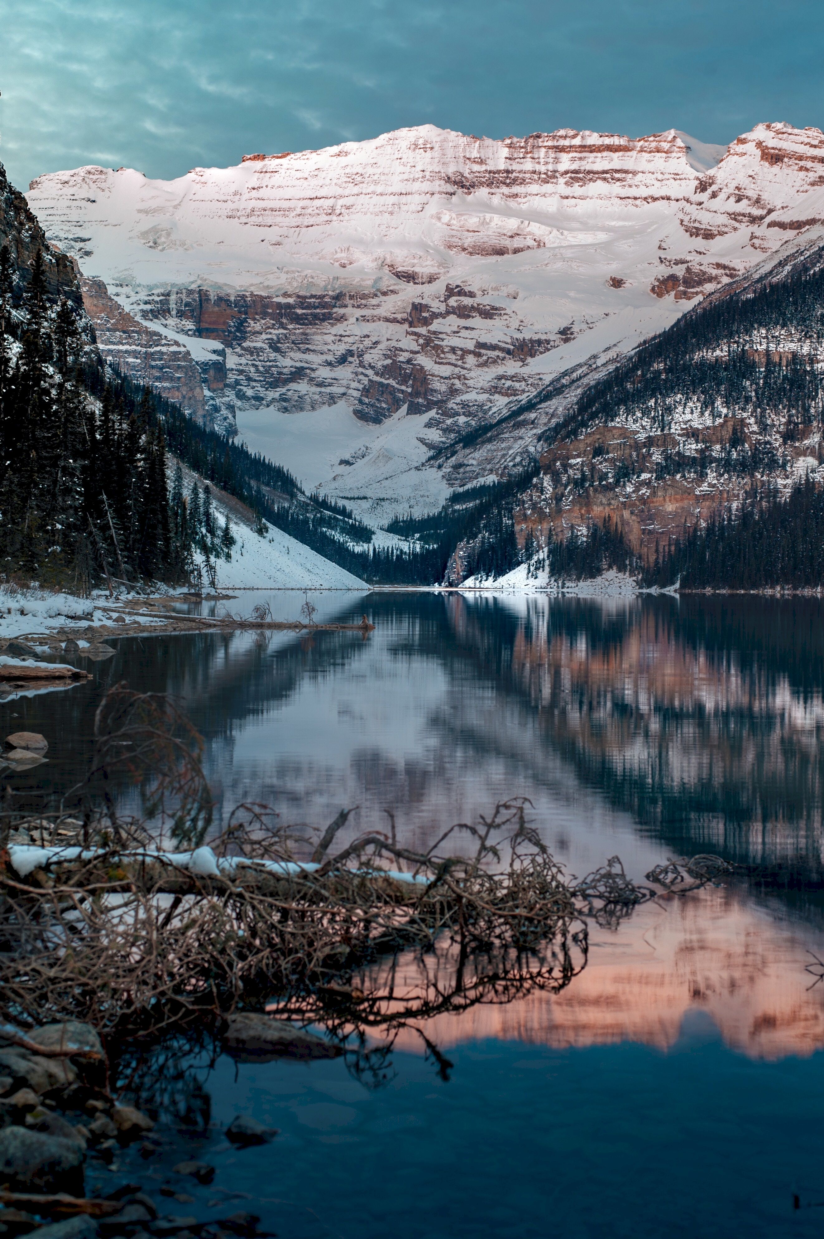Download wallpaper 2644x3973 lake, mountains, snow, top