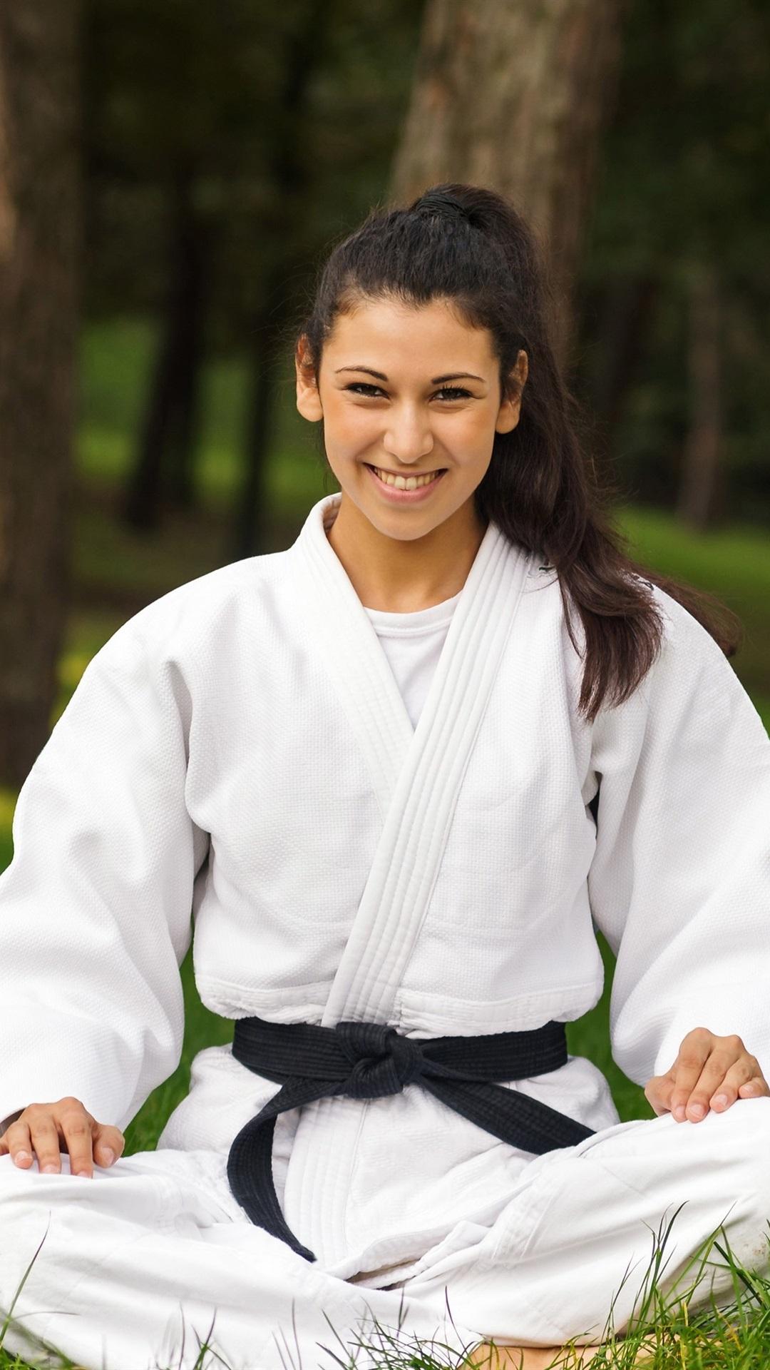 Karate, white clothes girl, smile, grass 1080x1920 iPhone 8