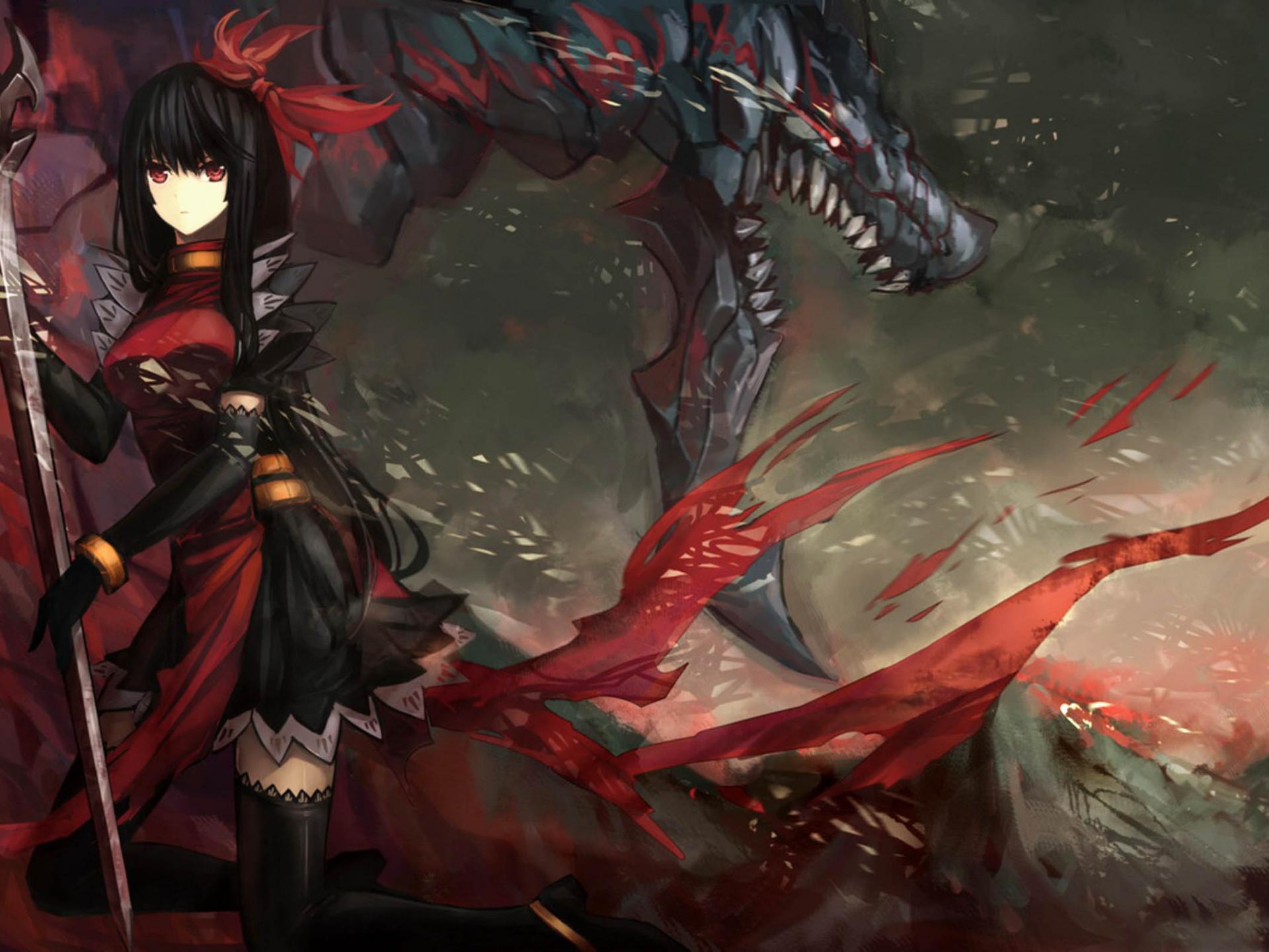 Warrior Fighting A Dragon Anime background 1280- Warrior
