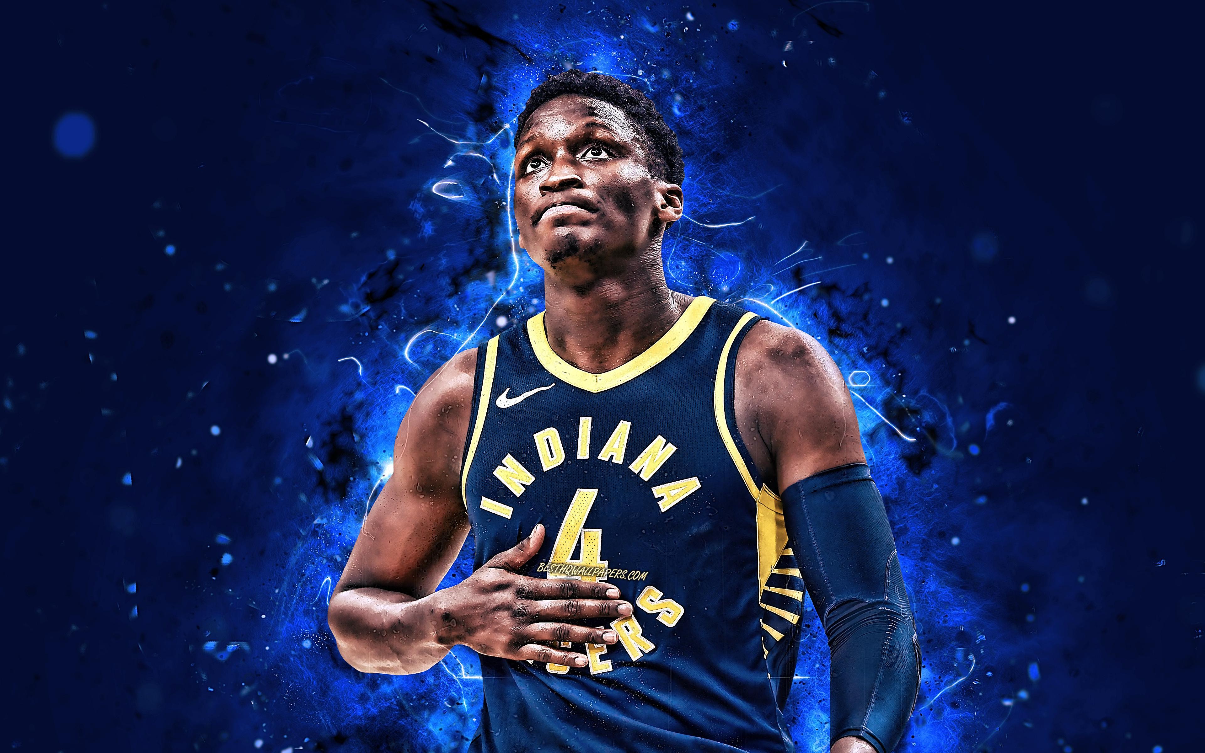 Download wallpaper Victor Oladipo, 4k, basketball stars, NBA, Indiana Pacers, blue uniform, Kehinde Babatunde Oladipo, basketball, neon lights, creative for desktop with resolution 3840x2400. High Quality HD picture wallpaper