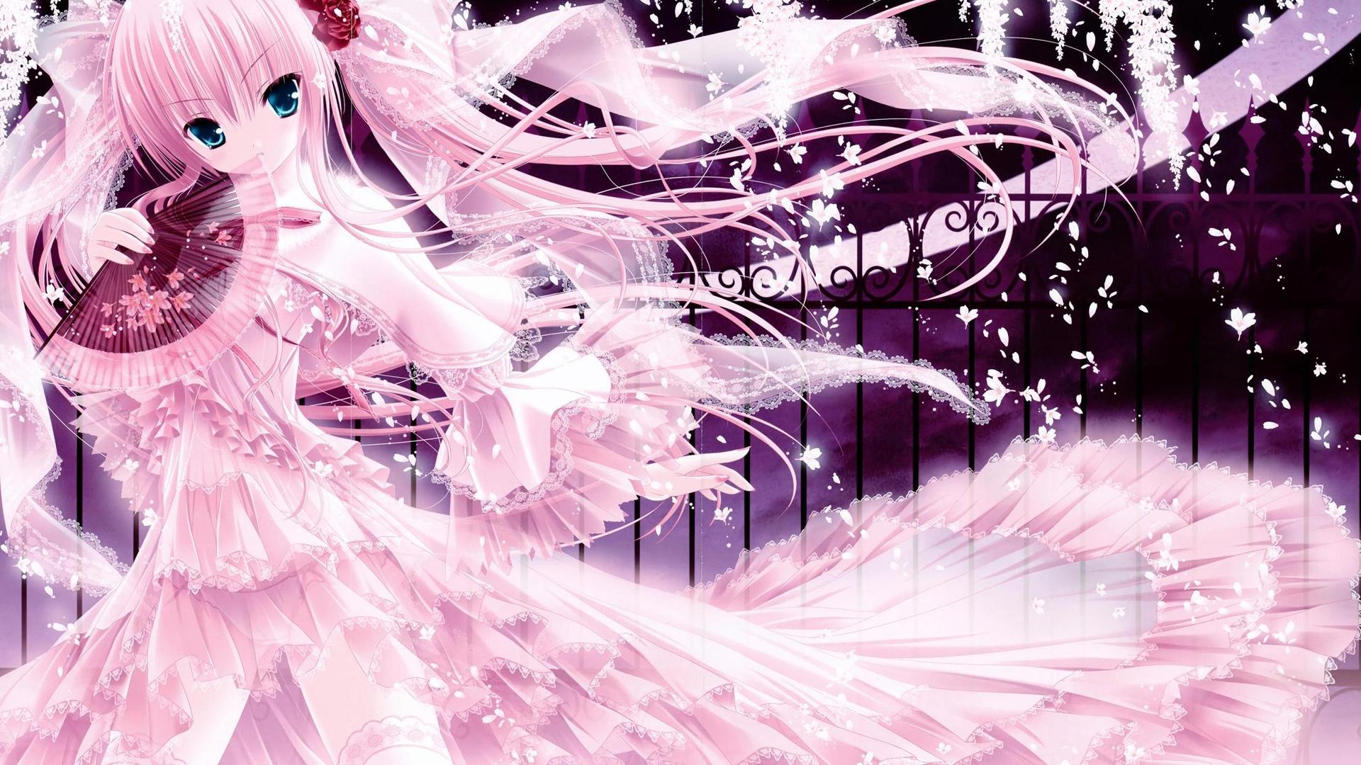Download wallpaper 1920x1080 anime, girl, hair, fan, pink