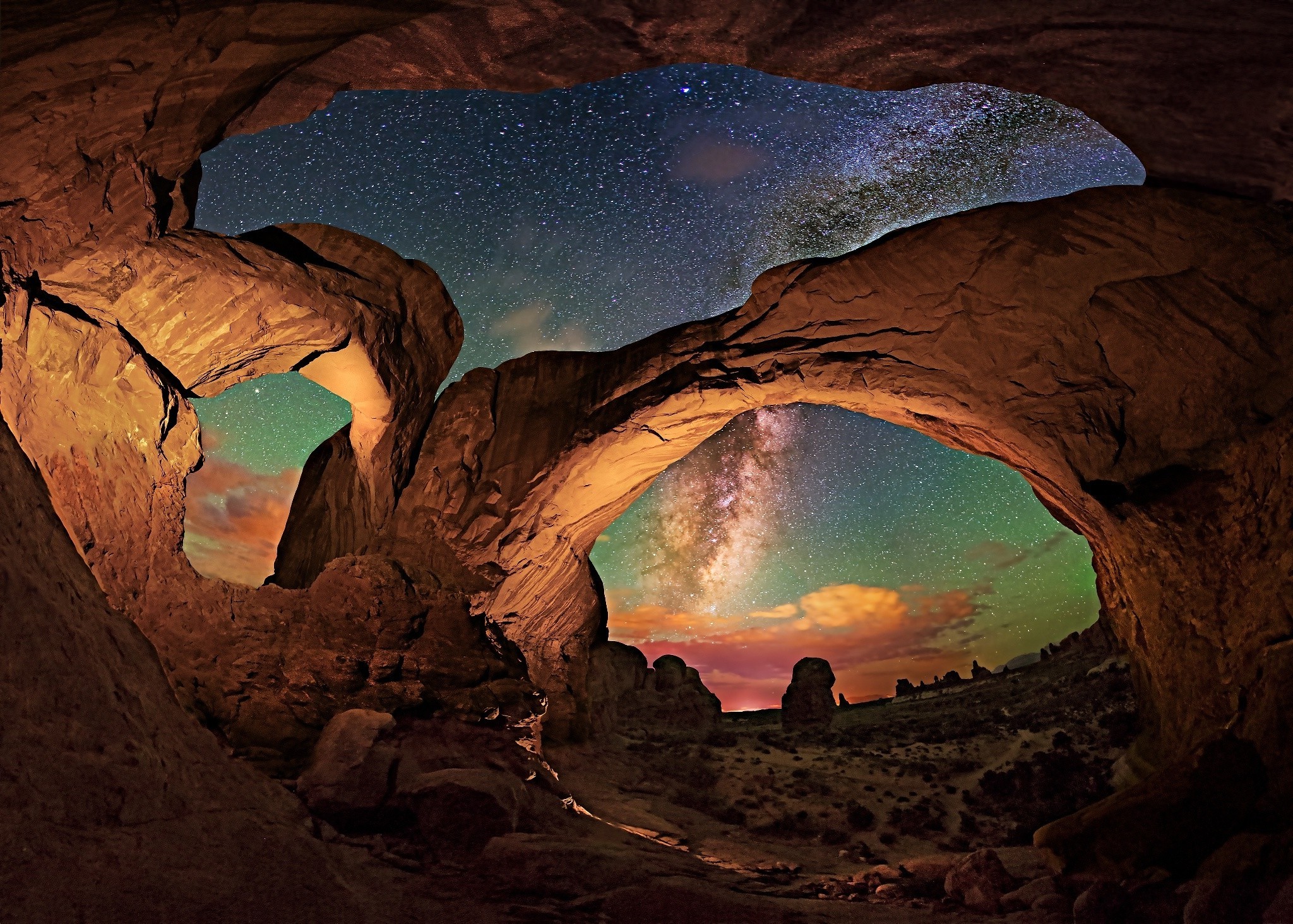 nature landscape milky way starry night desert rock erosion