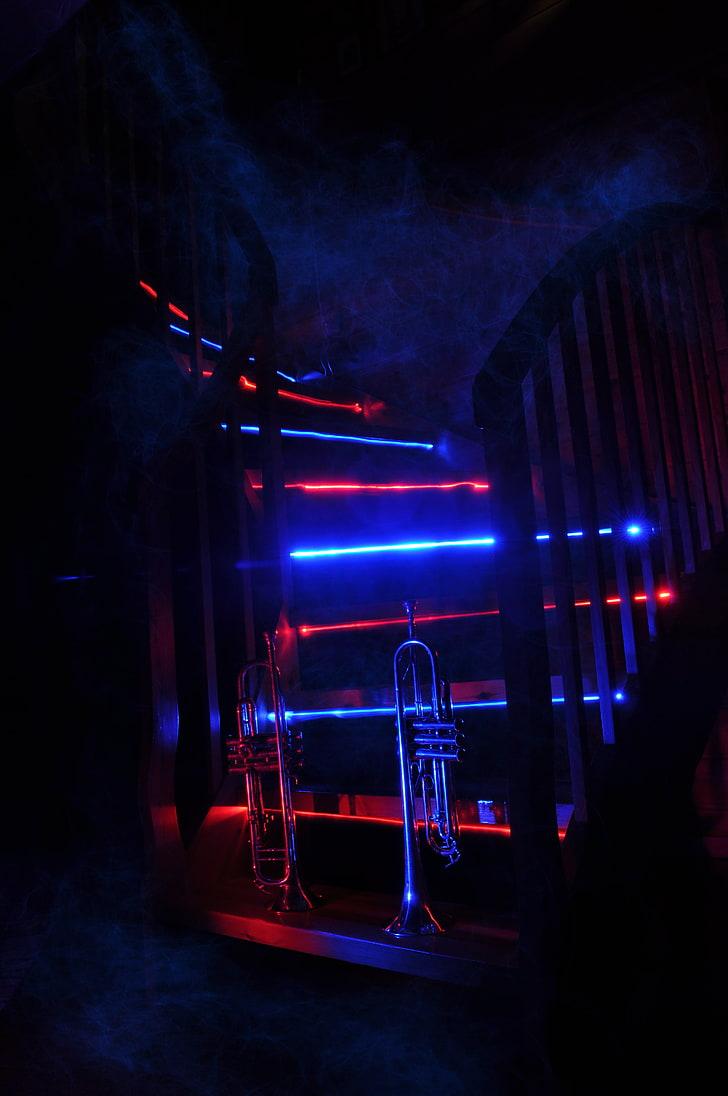 HD wallpaper: gray trombone, trumpet, music, stairway, neon