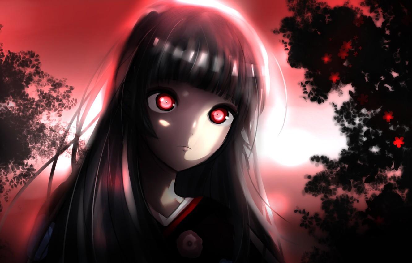 Wallpaper anime, night, red eyes, brunette, evil, hell, kimono