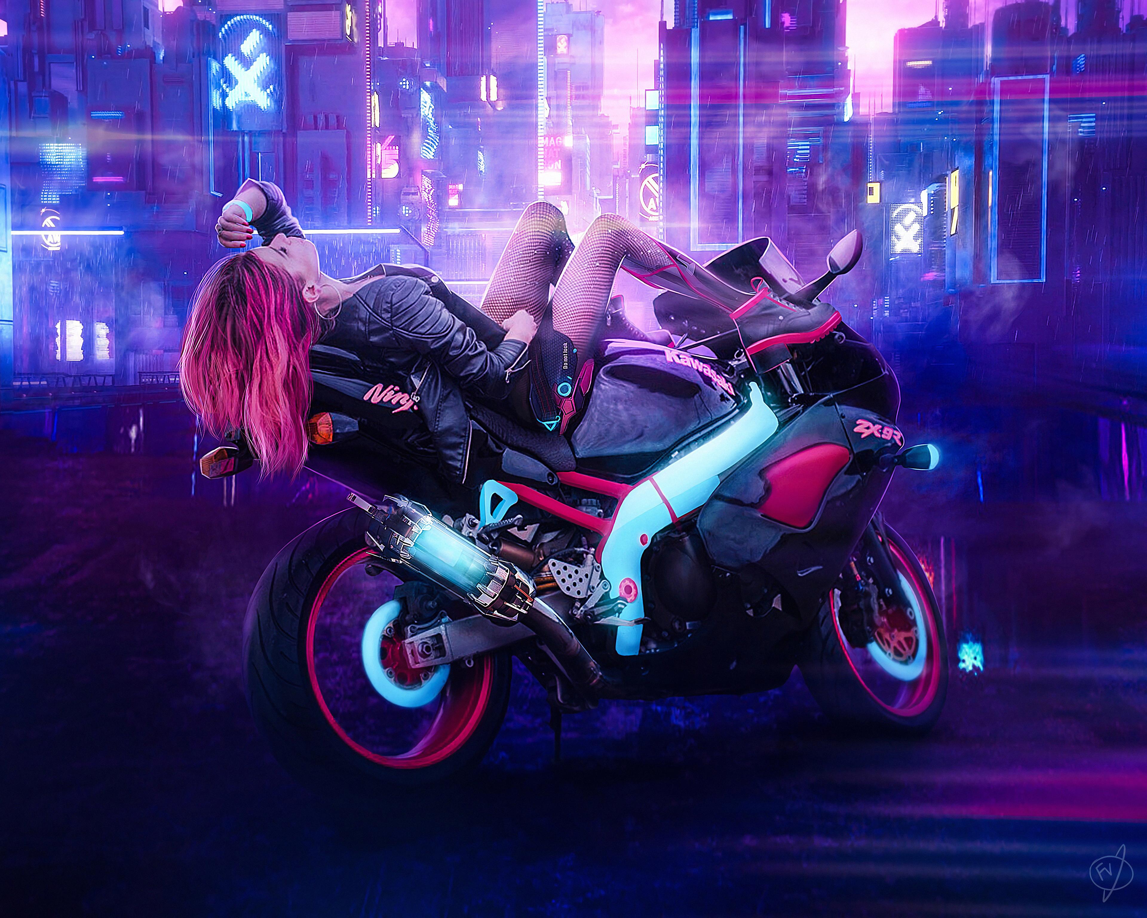 Cyberpunk Girl On Bike, HD Artist, 4k Wallpaper, Image