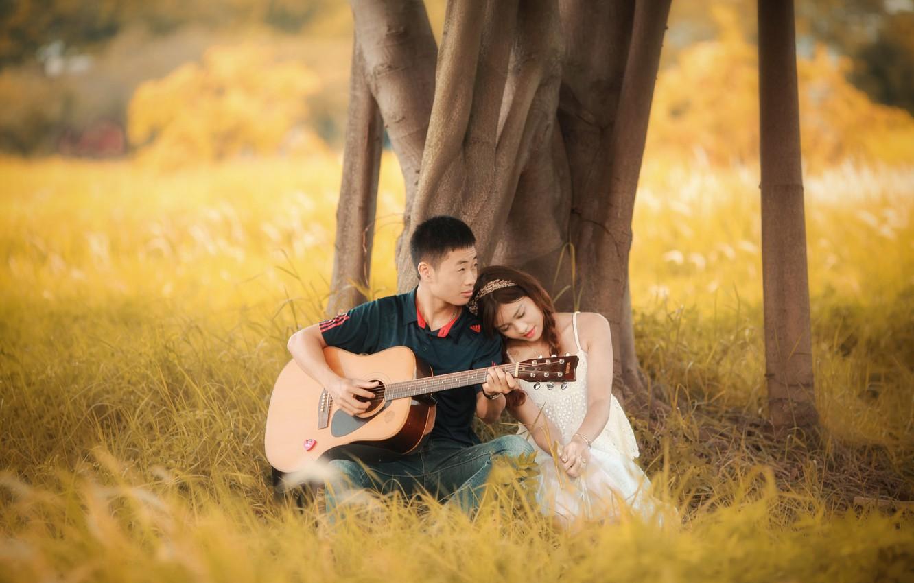 Wallpaper guitar, love, grass, tree, romantic, couple, playing