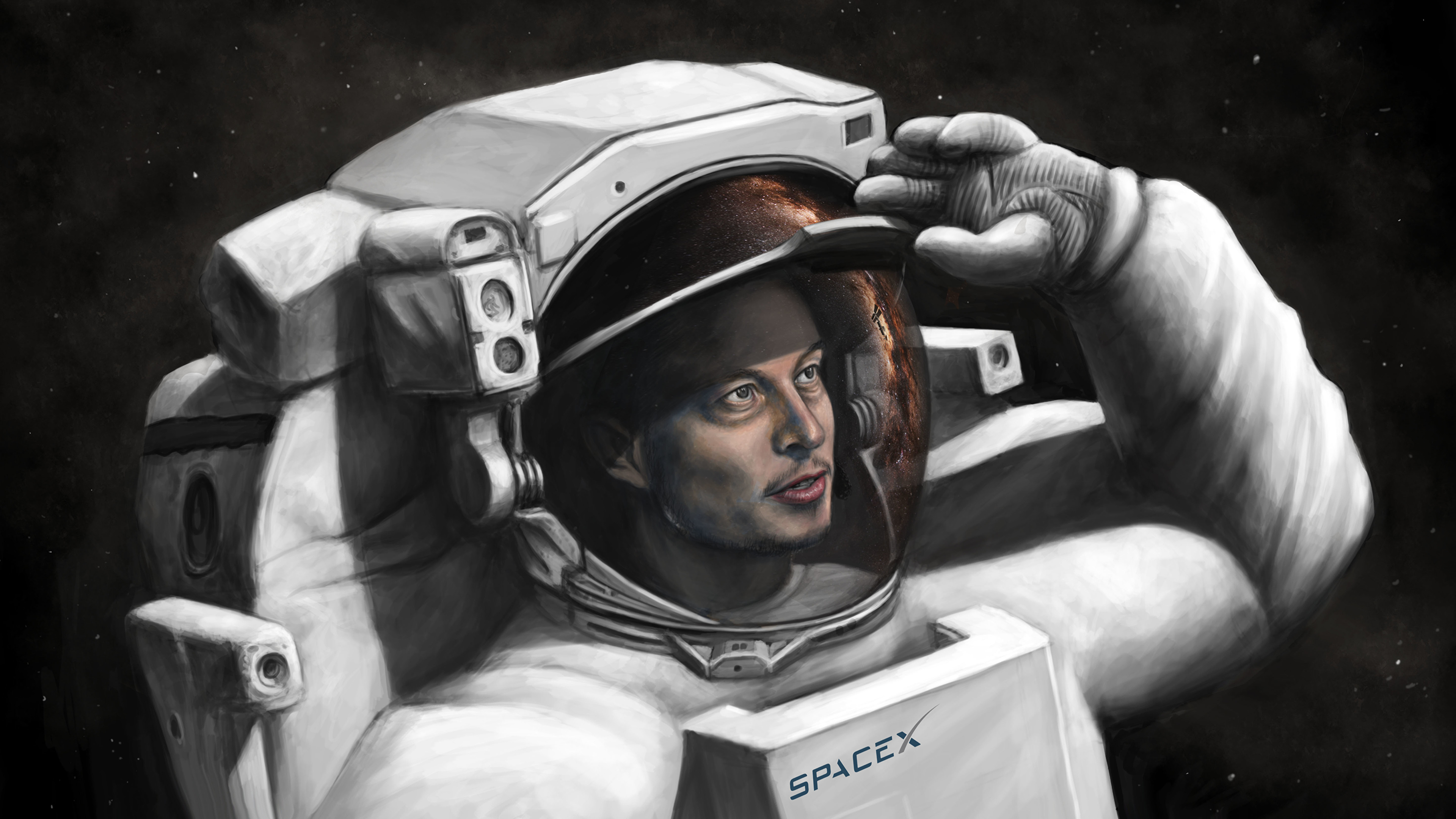 Image Cosmonauts Elon Musk, SpaceX Space Painting Art 3840x2160
